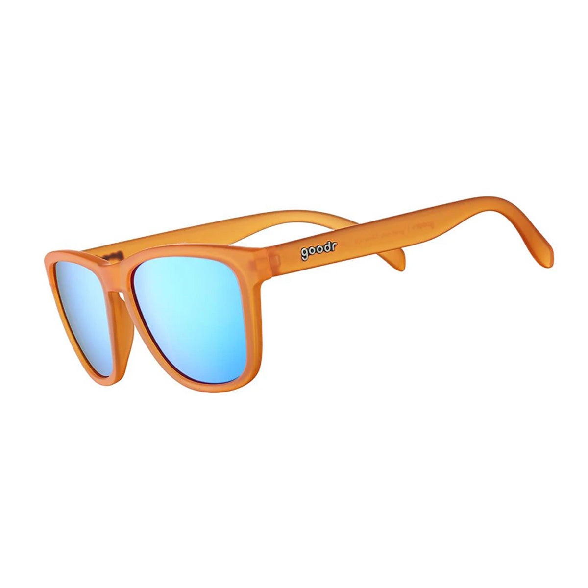 Orange plastic sunglasses with blue mirrored lenses, featuring a sporty design and the "goodr" logo on the arm, ideal for runners.