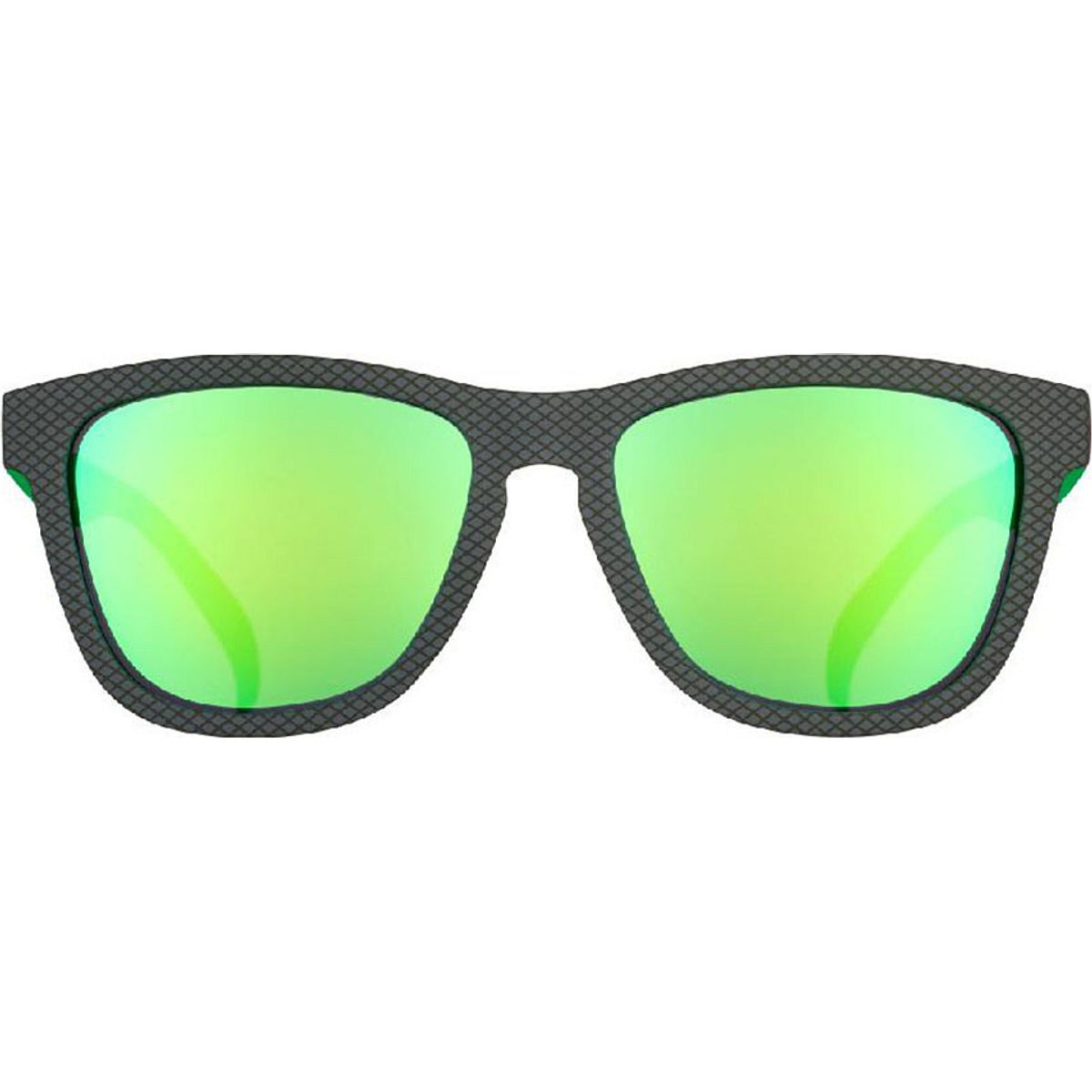 Goodr OG sunglasses in a sleek black frame with a textured finish, featuring vibrant green mirrored lenses designed for runners.