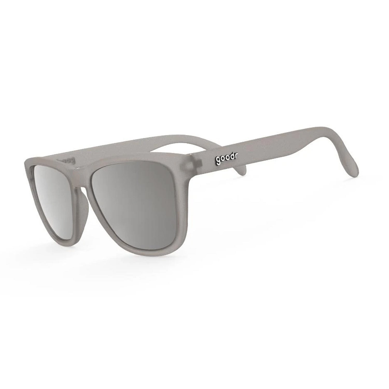 Men's Goodr "Going to Valhalla!" polarized sunglasses feature a sleek grey frame with chrome lenses, designed for comfort and style during outdoor activities.