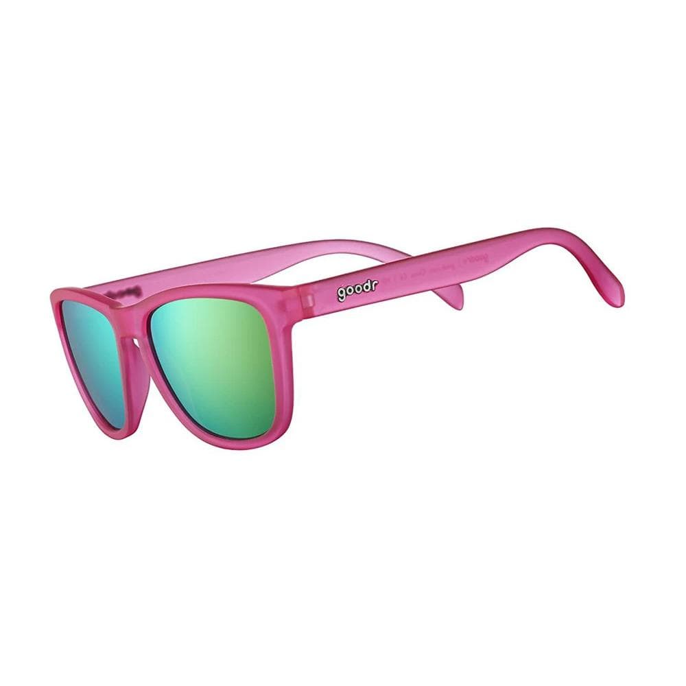 Pink Goodr OG sunglasses with green mirrored lenses, featuring a lightweight plastic frame designed for runners, with "goodr" logo on the side.