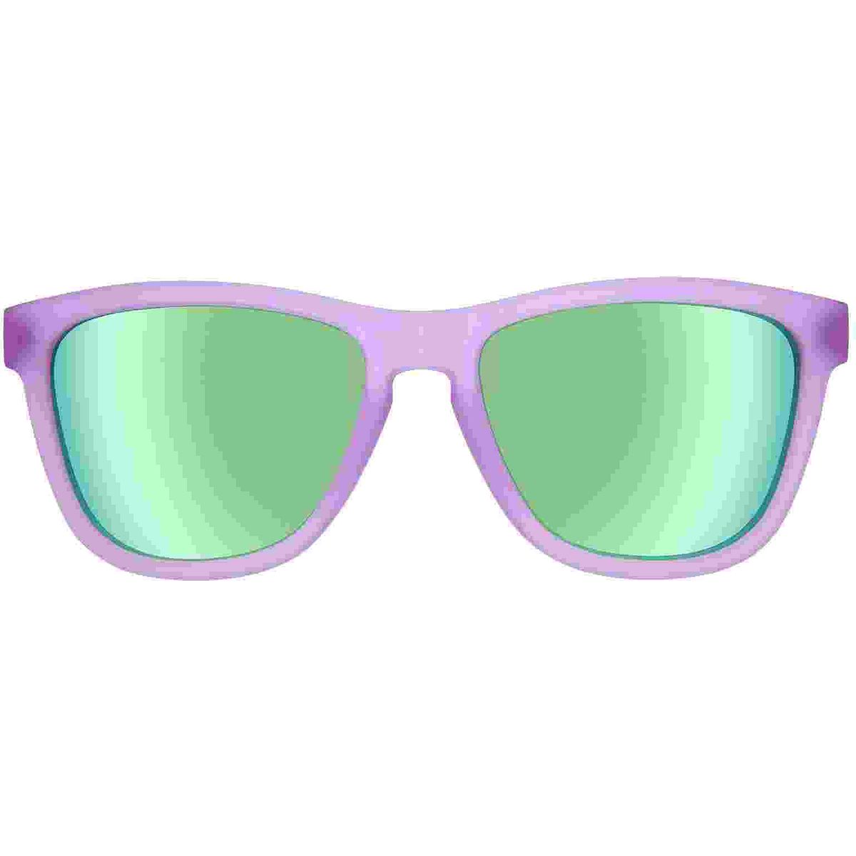 Purple-framed sunglasses featuring polarized mirrored lenses in a vibrant green hue, designed for a stylish and sporty look.