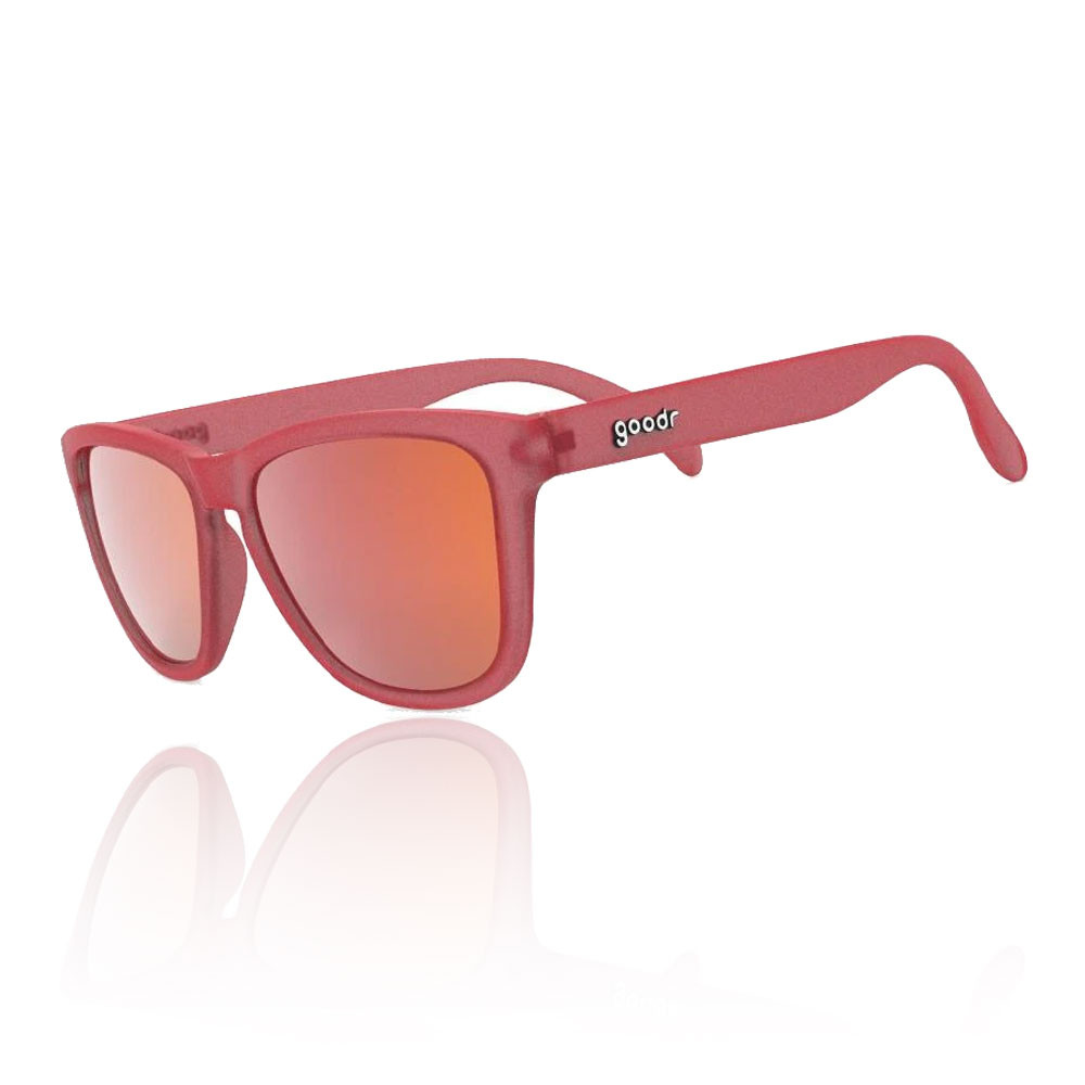 Goodr OG sunglasses in a vibrant red frame with orange mirrored lenses, featuring a lightweight, sporty design ideal for runners.