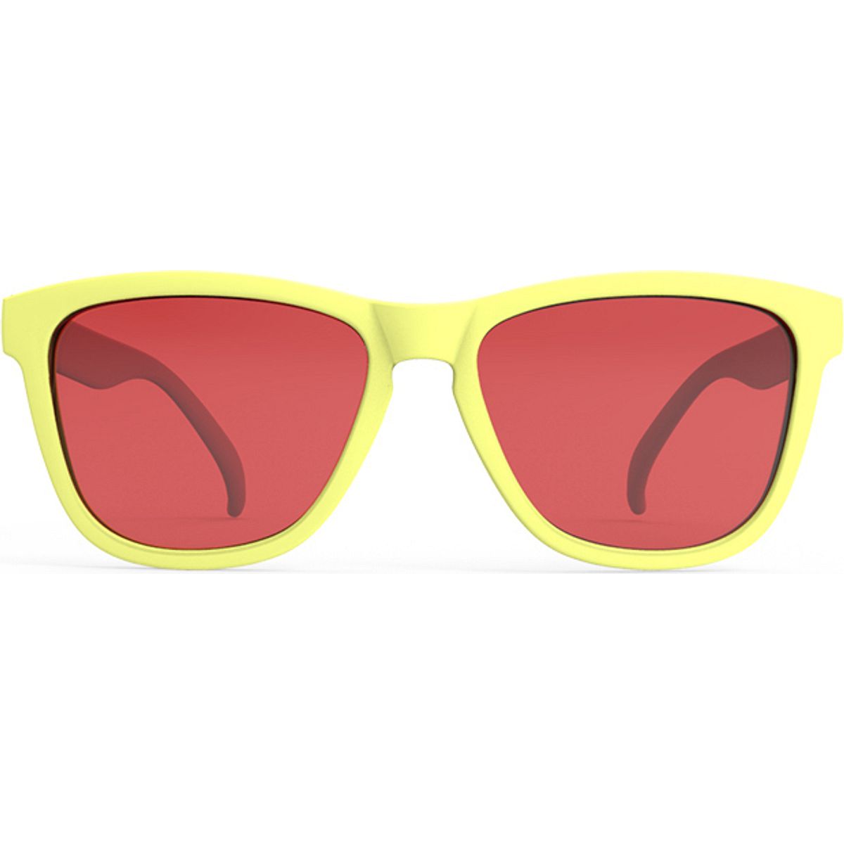 Bright yellow sunglasses with a retro shape and red-tinted lenses, designed for runners, featuring lightweight, durable frames.