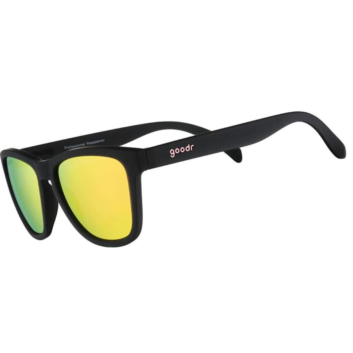 Black sunglasses with a matte finish, featuring green and yellow mirrored lenses, and a stylish design, labeled "goodr" on the side, ideal for runners.