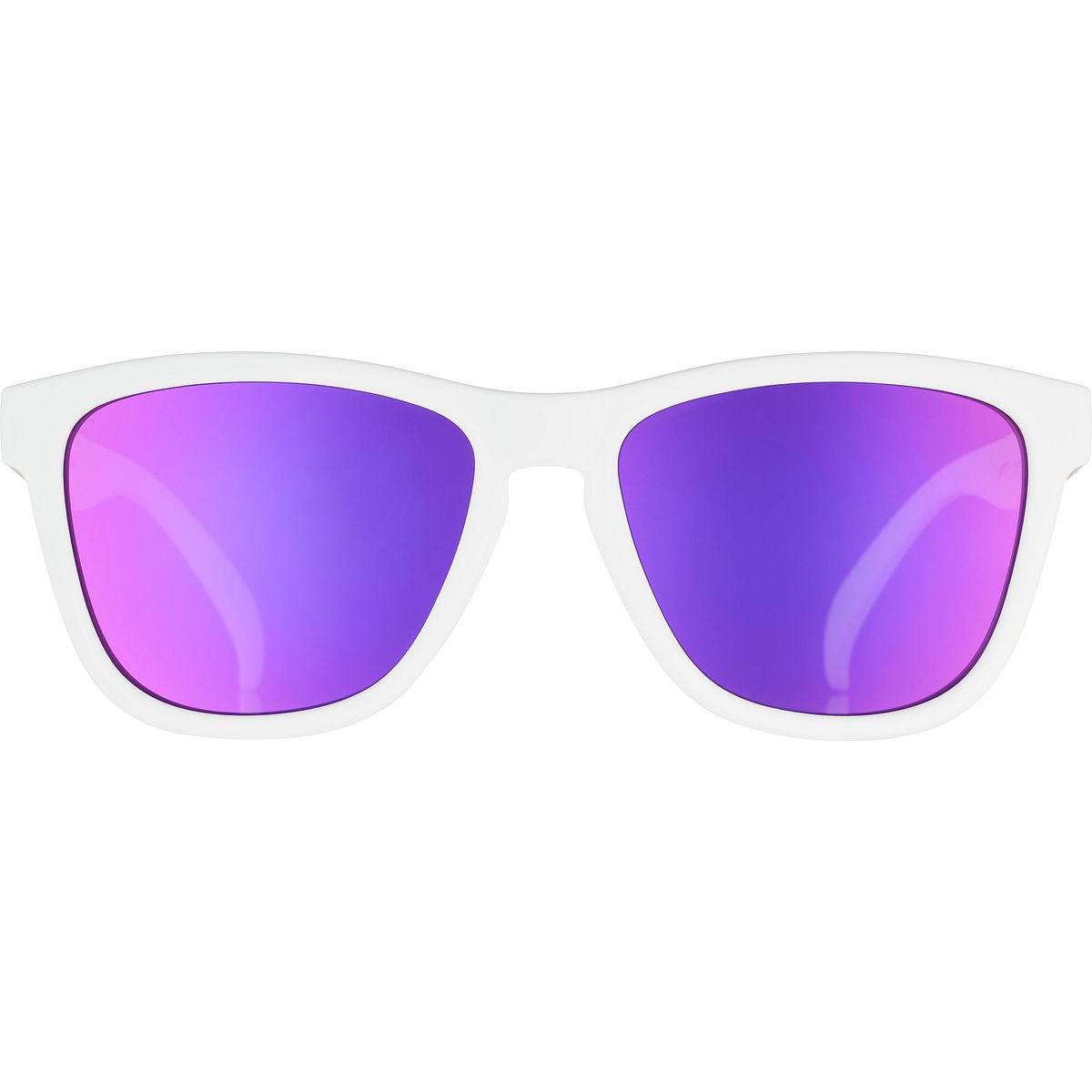 White-framed sunglasses with purple gradient lenses, designed for runners, featuring a lightweight material and a stylish, sporty shape.