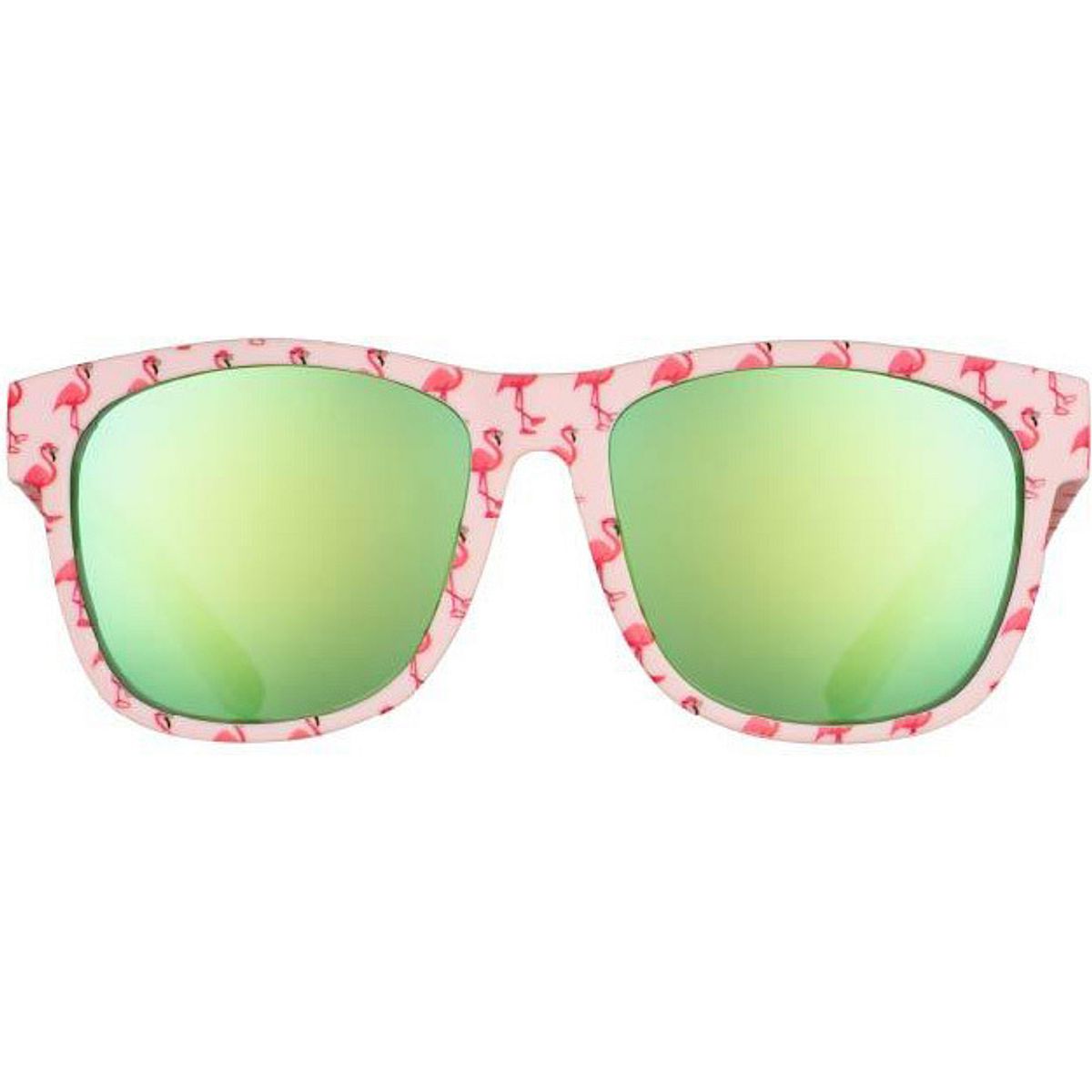 Pink sunglasses featuring a playful flamingo pattern, with green reflective lenses and a lightweight, durable frame designed for runners.