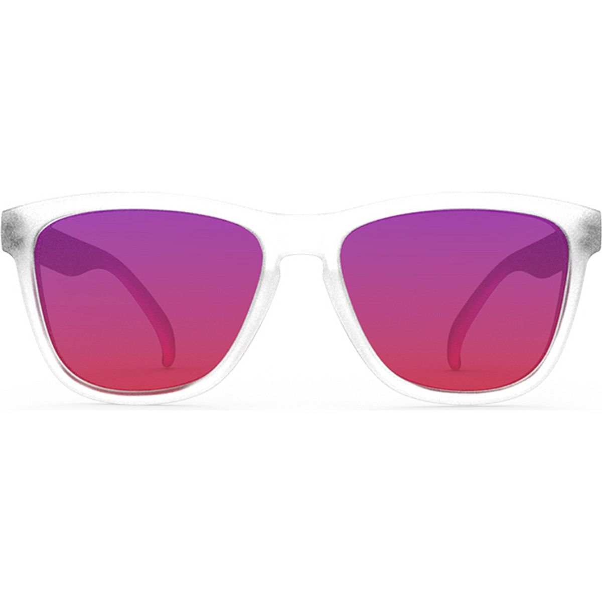 Goodr OG sunglasses in a clear frame with gradient purple to red lenses, designed for runners, featuring a lightweight, stylish design ideal for outdoor activities.