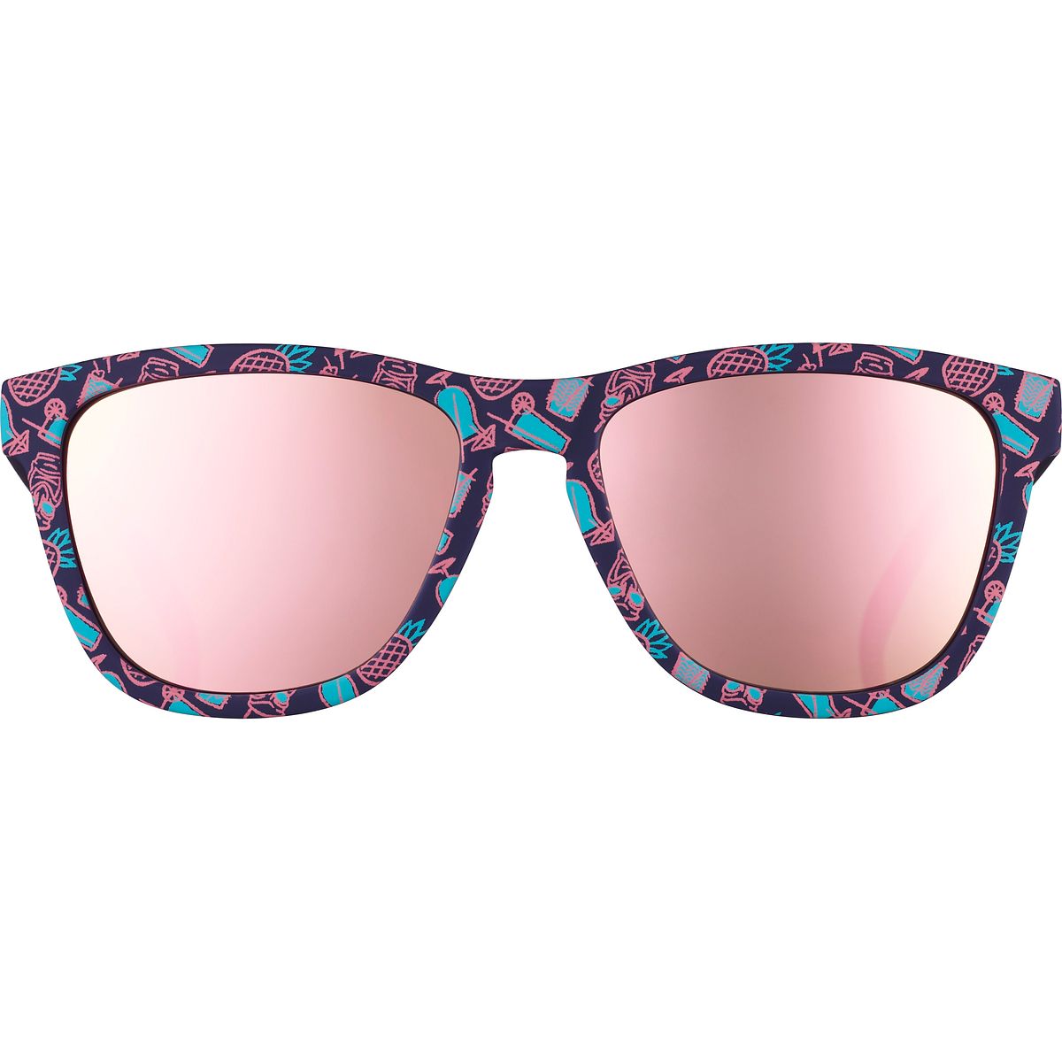 Goodr OG sunglasses feature a navy frame with a tropical pattern of pineapples and drinks, complemented by reflective pink lenses, designed for runners.