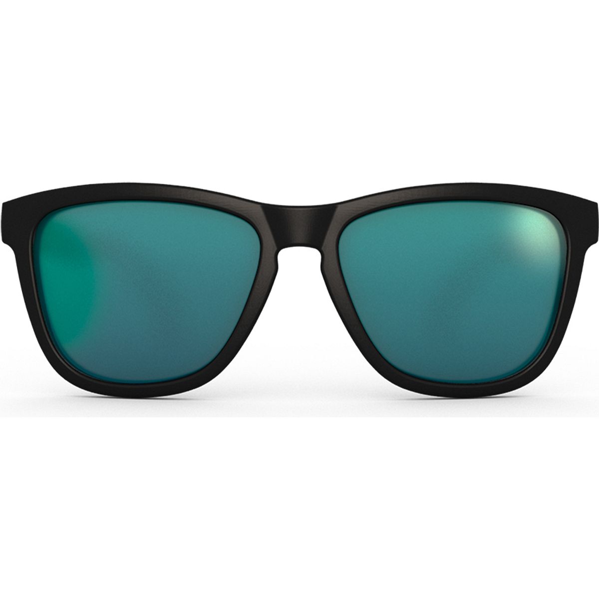 Black-framed sunglasses with teal mirrored lenses, designed for runners, featuring a sporty style and lightweight material for comfort during activities.