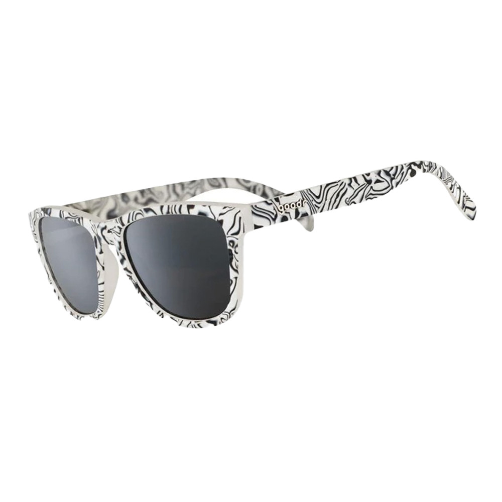 White sunglasses with a black zebra stripe pattern, featuring dark lenses and a lightweight, sporty design ideal for runners.