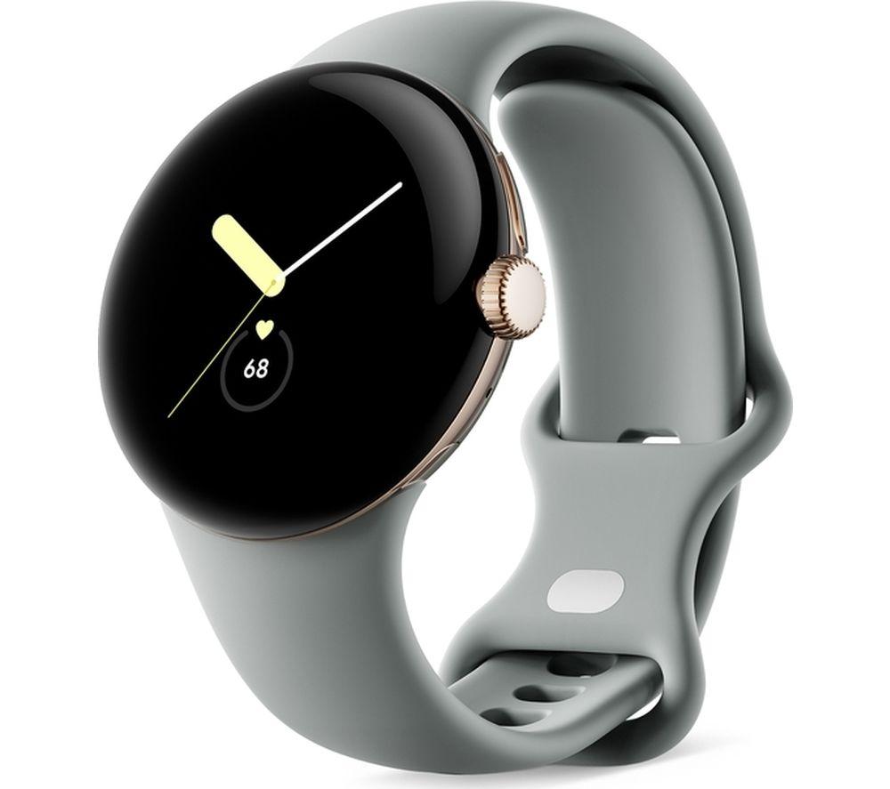 Champagne gold stainless steel Google Pixel Watch with a round black display, featuring a light grey silicone strap and a heart rate monitor indicator.