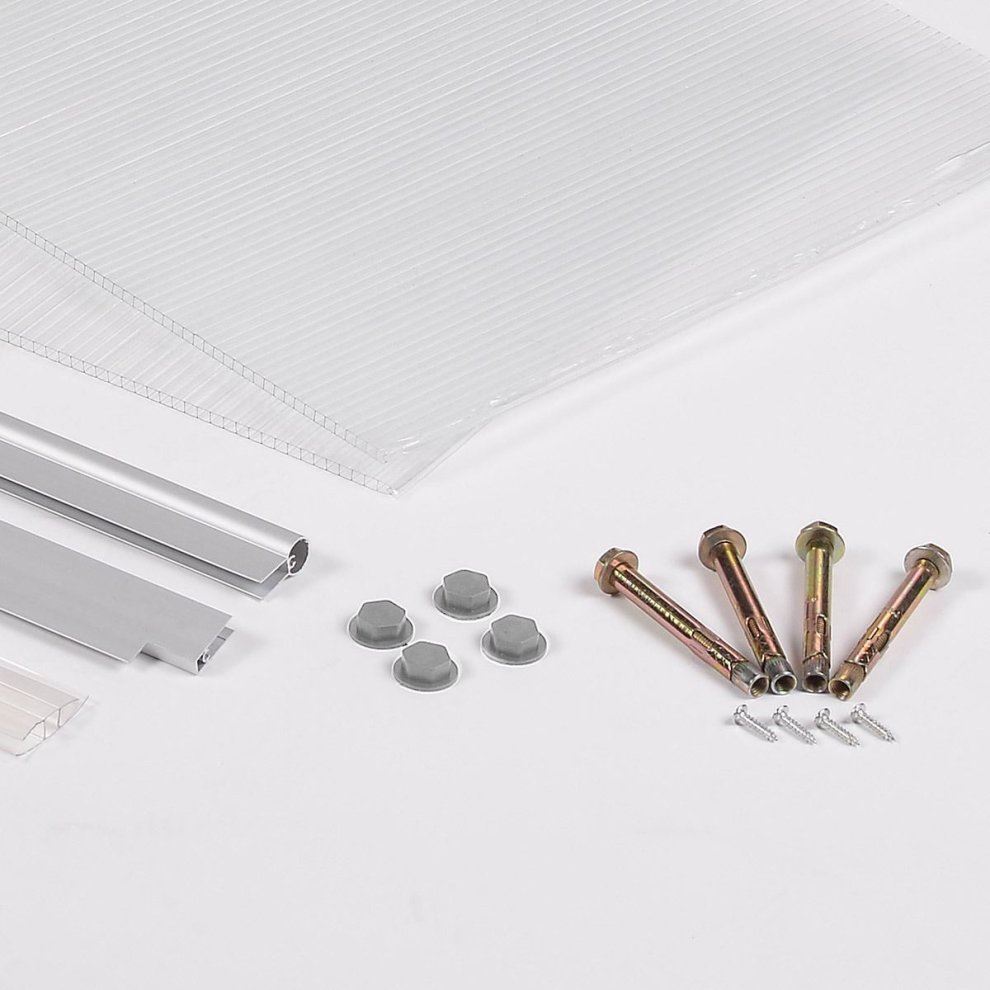 Clear polycarbonate panels, silver aluminum support bars, and various metal fasteners are arranged neatly, showcasing components for a 90 x 120 cm front door canopy awning.