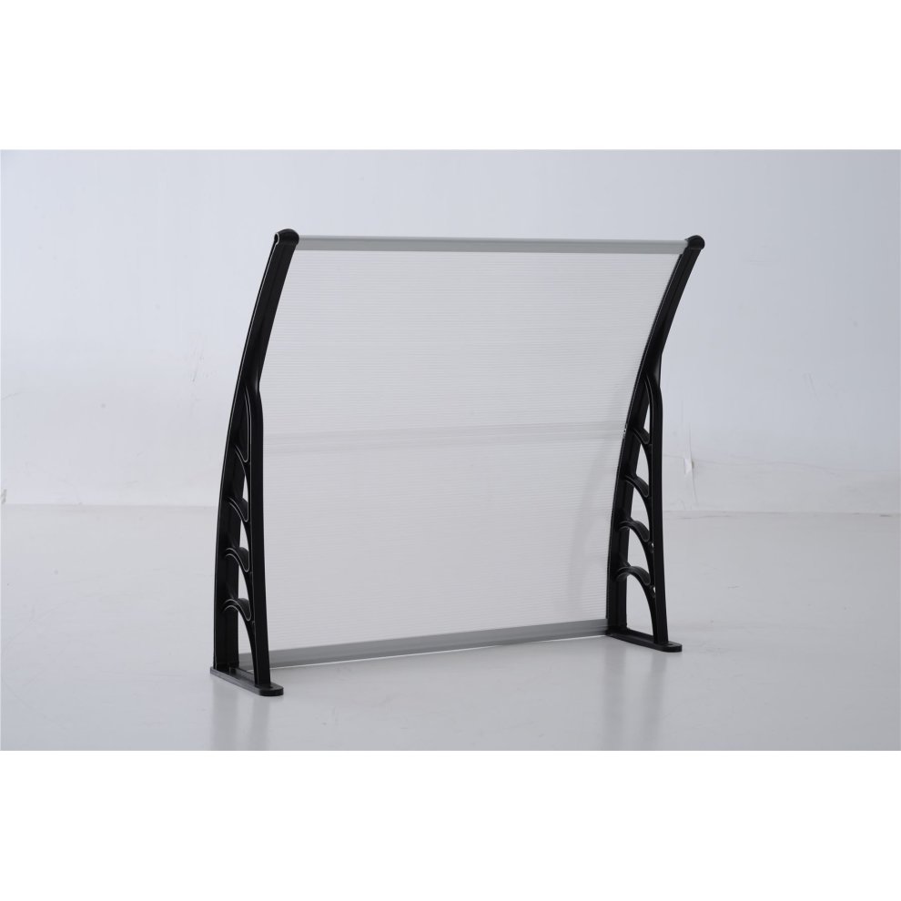 Front door canopy awning with a sleek black frame and a transparent, curved polycarbonate roof, measuring 80 x 120 cm, designed for rain protection and shade.