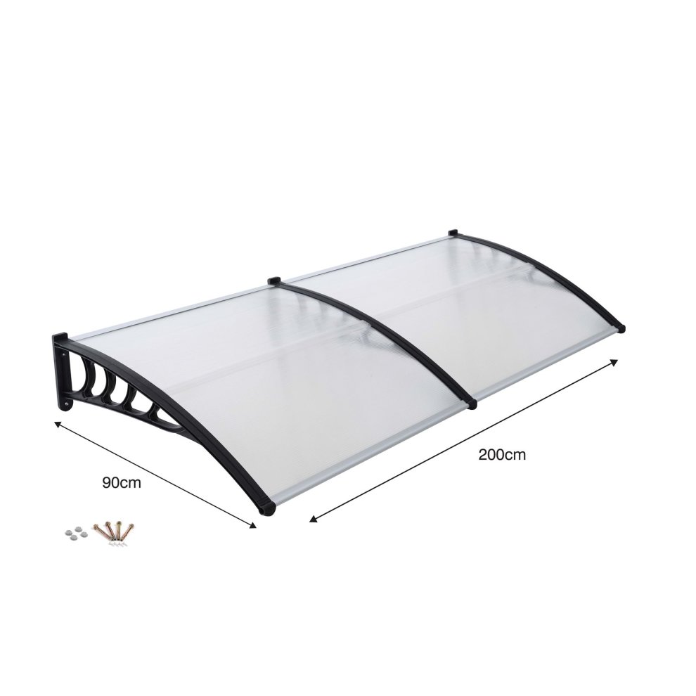Transparent polycarbonate door canopy with a black frame, featuring a curved design, measuring 90 x 200 cm, suitable for rain protection over doorways.