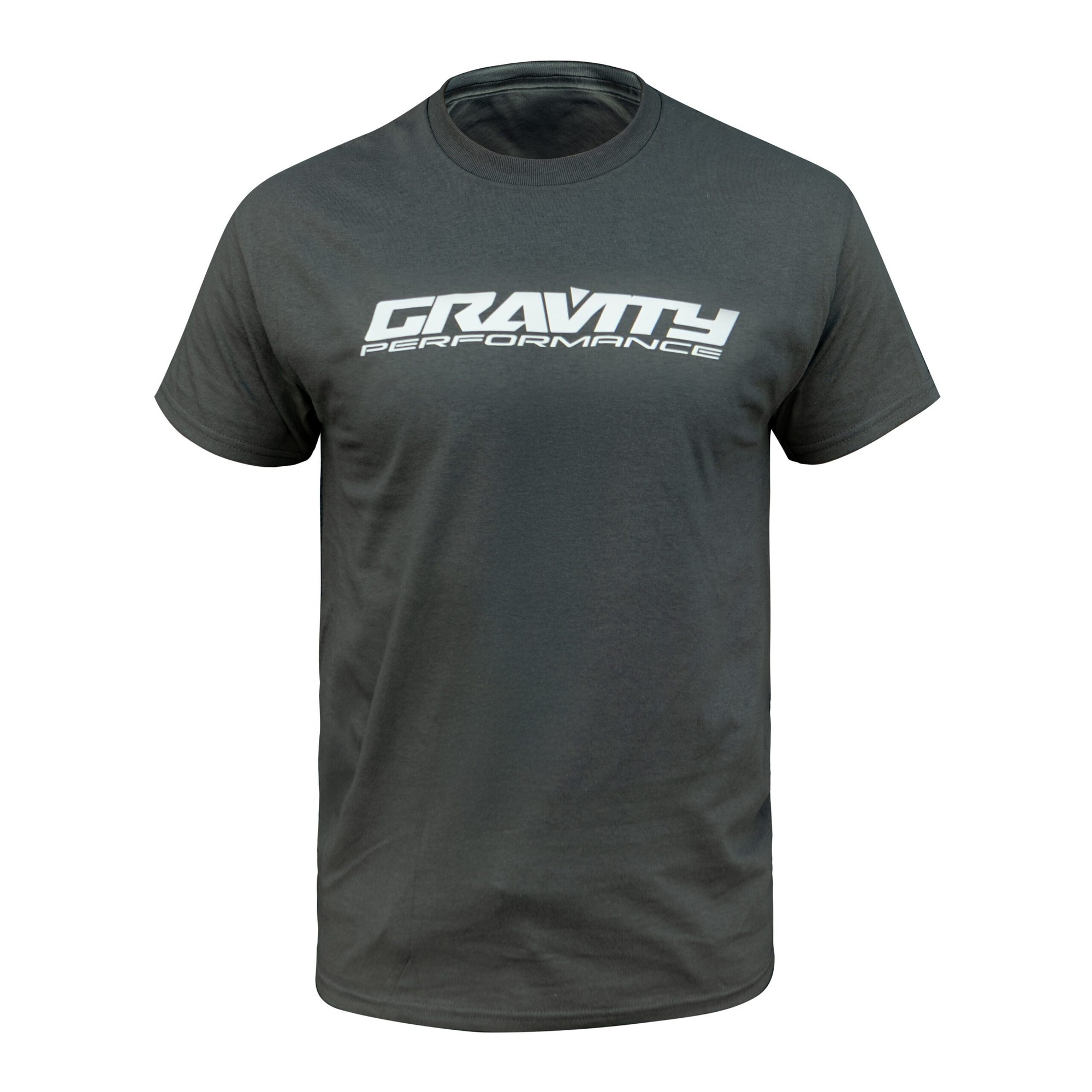 Dark gray cotton t-shirt featuring a large white "GRAVITY PERFORMANCE" logo across the chest in a bold, modern font.