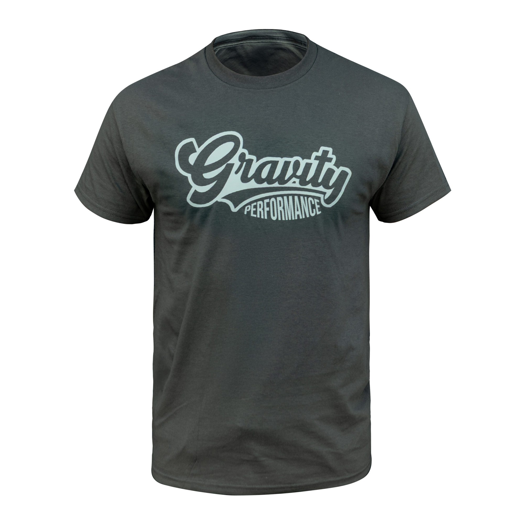 Dark gray cotton t-shirt featuring a retro script logo in white that reads "Gravity Performance" across the front.