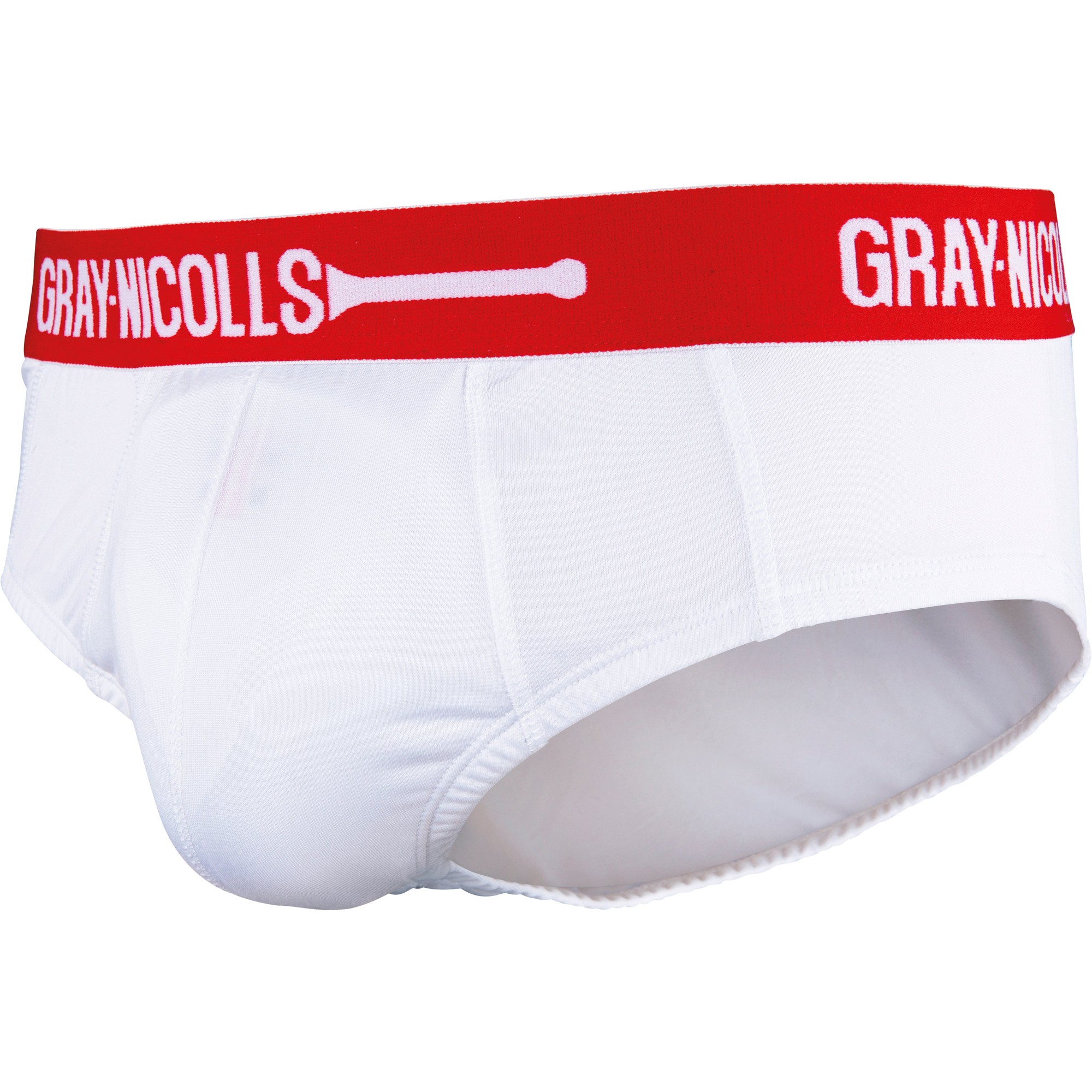 White briefs by Gray-Nicolls featuring a red elastic waistband with the brand name and a cricket bat design, made from soft, breathable material for comfort.