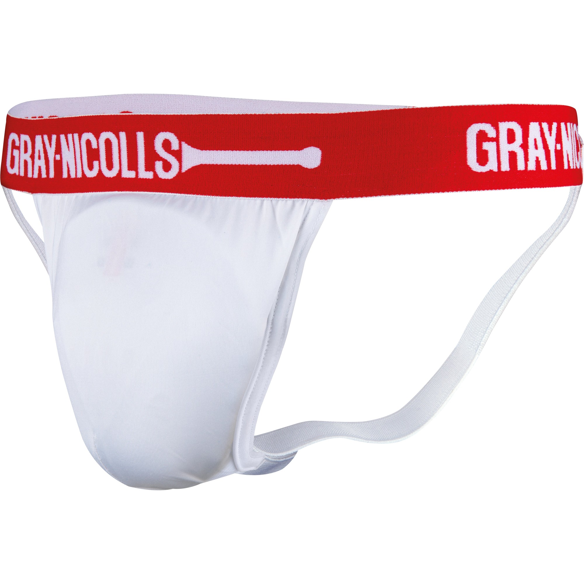 White jock strap featuring a supportive pouch and a wide red waistband with "GRAY-NICOLLS" printed in white, designed for comfort and athletic performance.