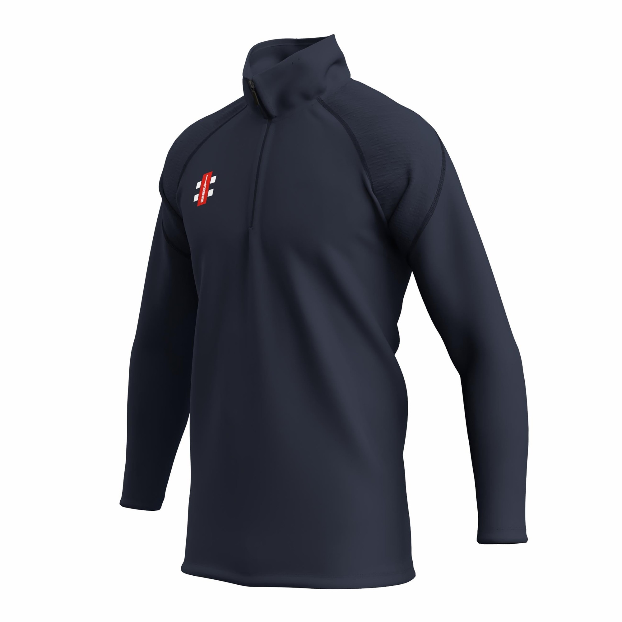 Black junior fleece with a 1/4 zip, featuring a high collar and contrasting shoulder panels, adorned with the Gray-Nicolls logo on the chest.