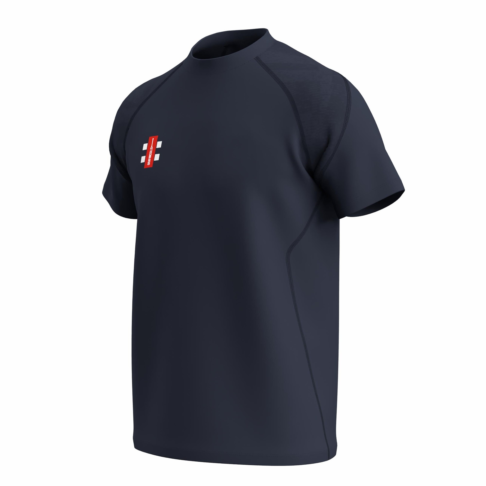 Black short sleeve t-shirt for juniors by Gray-Nicolls, featuring a round neckline, smooth fabric, and a small logo on the chest with red and white accents.