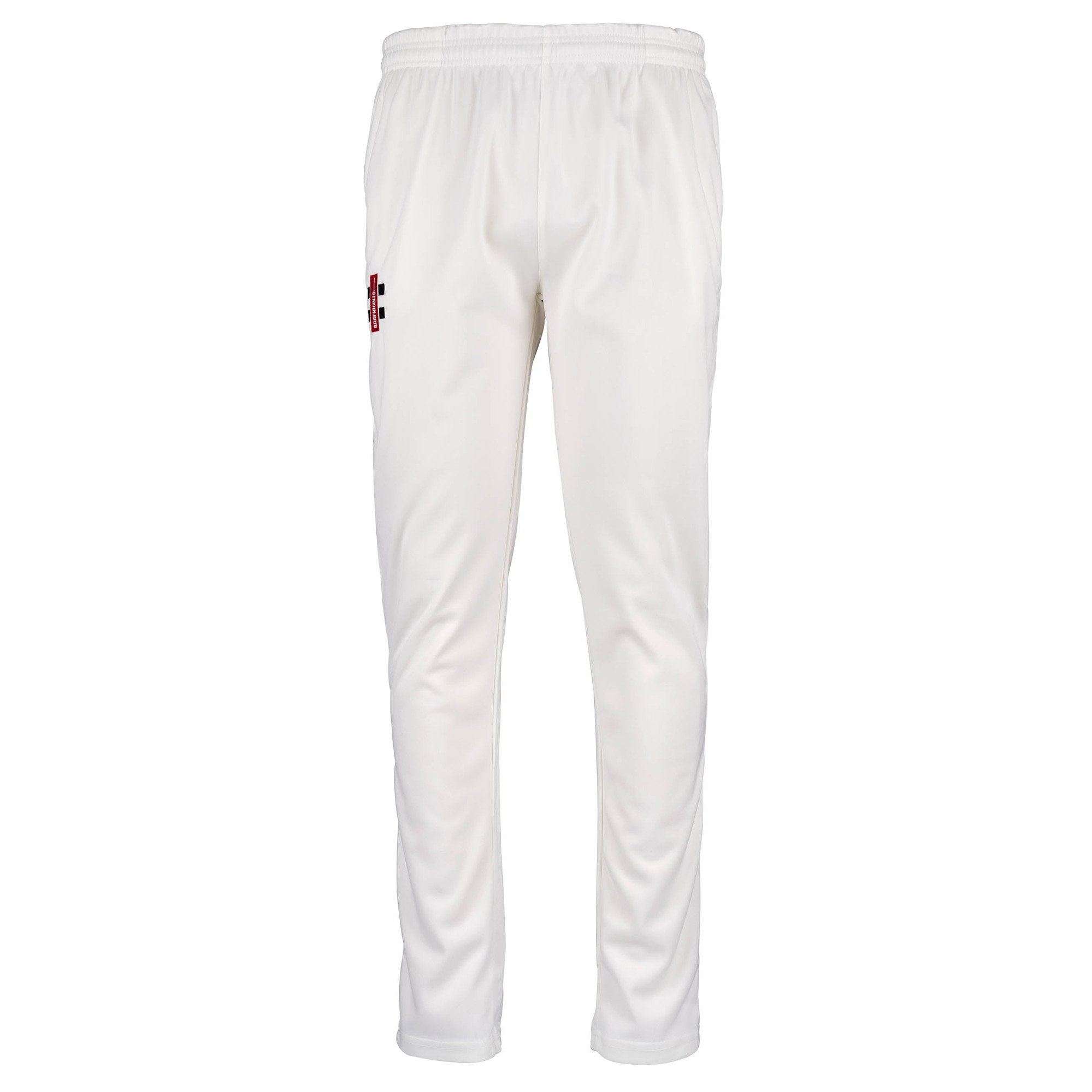 Slim fit men's trousers in white, made from lightweight material, featuring an elastic waistband and the Gray-Nicolls logo on the left thigh.