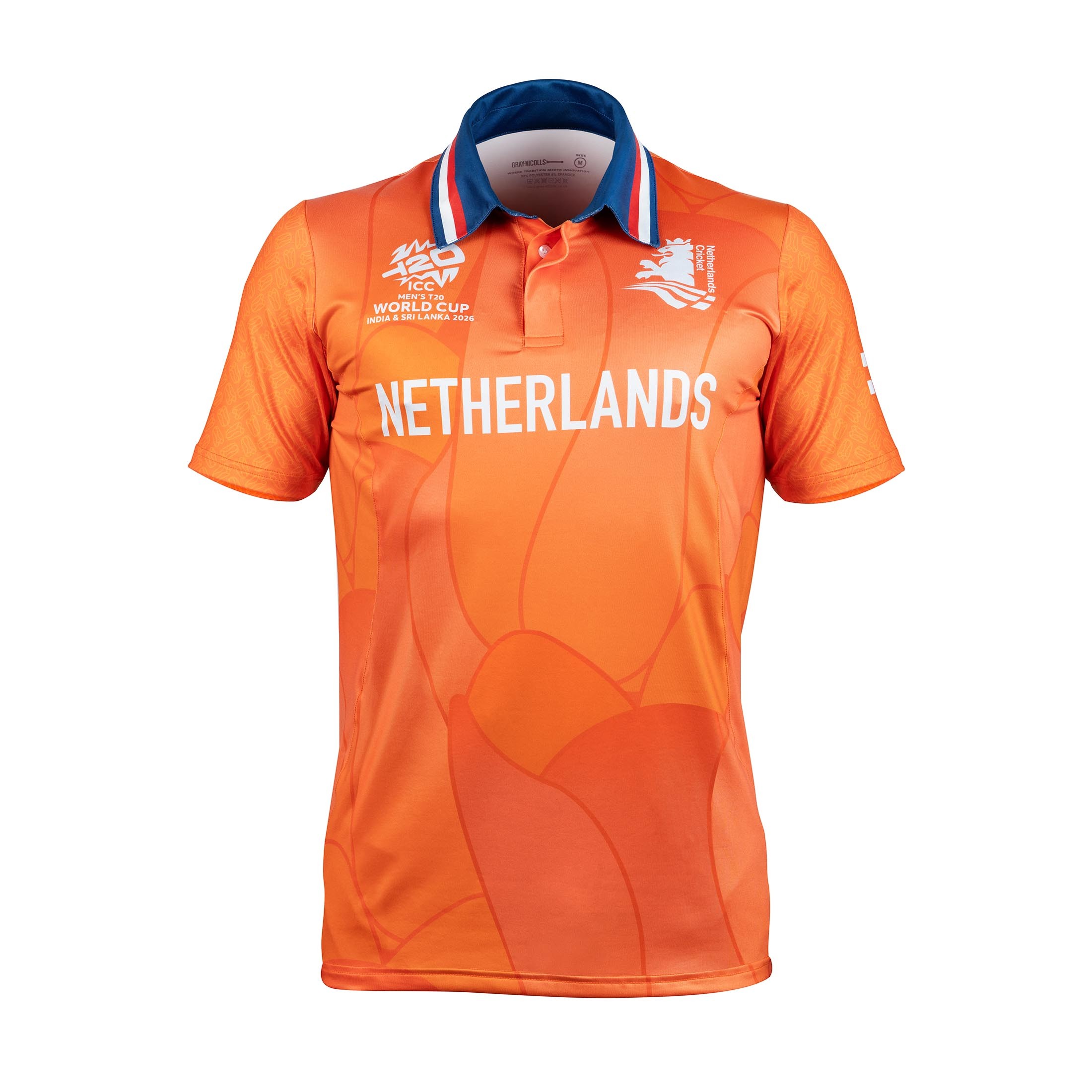 Short sleeve orange match shirt featuring the Netherlands logo, "NETHERLANDS" text, and a blue collar, designed for the T20 World Cup 2026 by Gray-Nicolls.