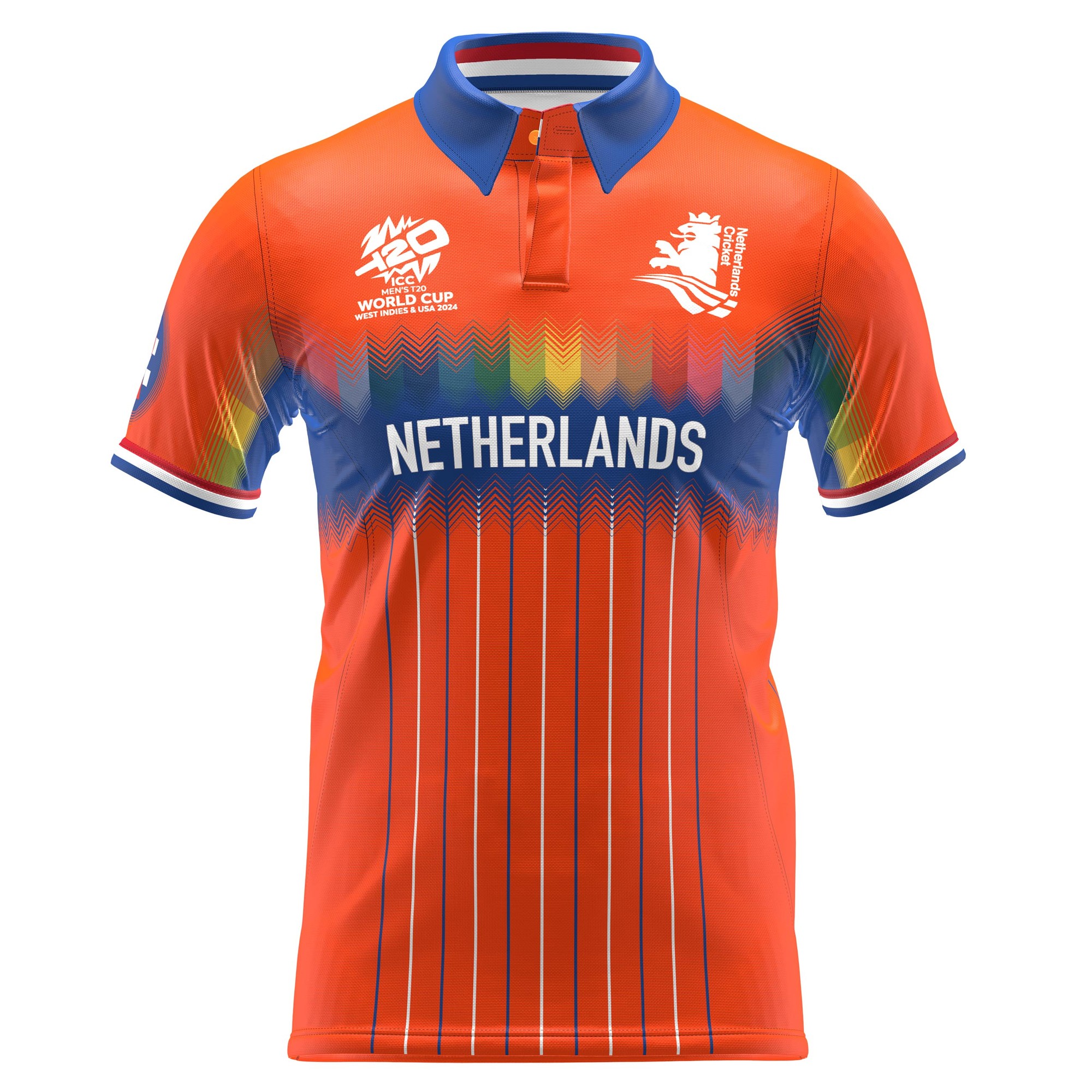 Bright orange short sleeve shirt with blue collar, featuring "NETHERLANDS" in bold white text and colorful gradient stripes, designed for the T20 World Cup 2024 by Gray-Nicolls.