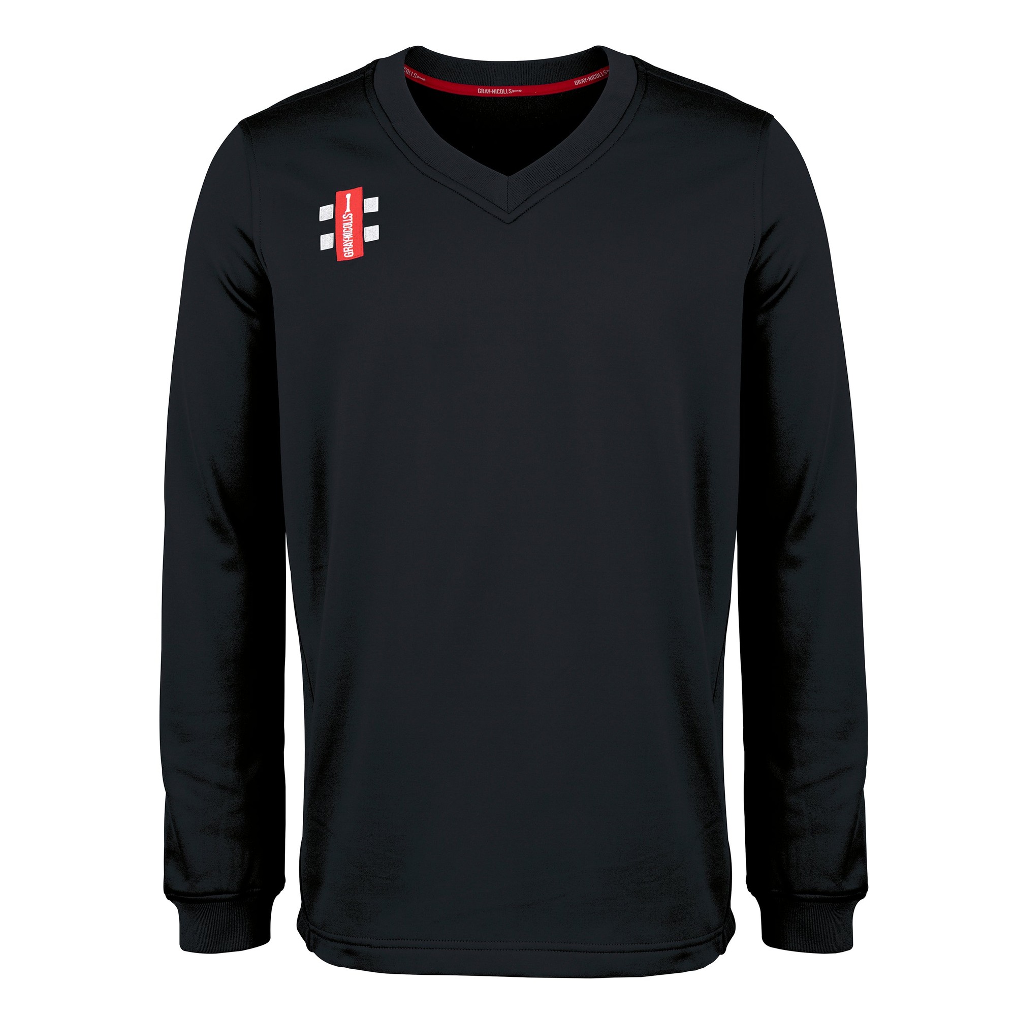 Black long-sleeve sweater with a V-neck, featuring a red logo on the left chest and gray accents on the shoulders, made from a lightweight, breathable material.