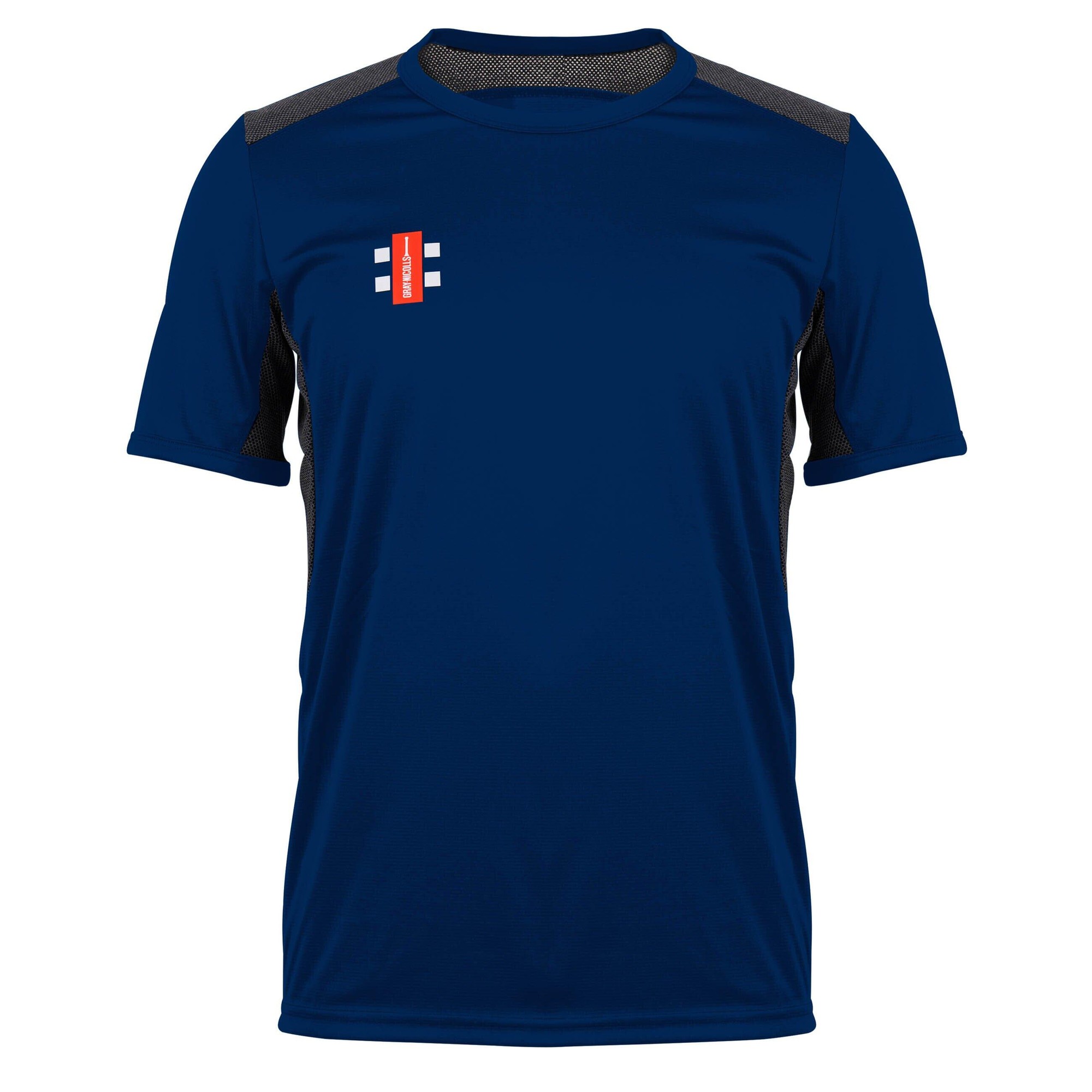 Black short sleeve men's t-shirt by Gray-Nicolls, made from performance fabric, featuring a breathable mesh panel on the shoulders and a small logo on the chest.