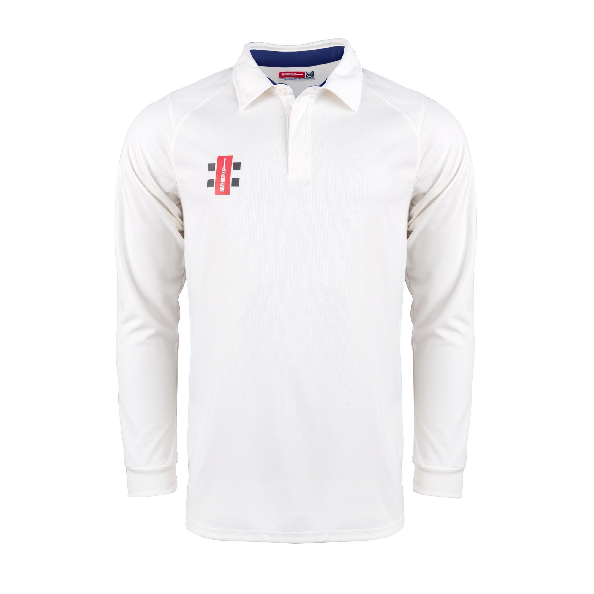 Long sleeve adult shirt in white with a classic collar, featuring red and black branding on the chest, made from lightweight, breathable material for performance.