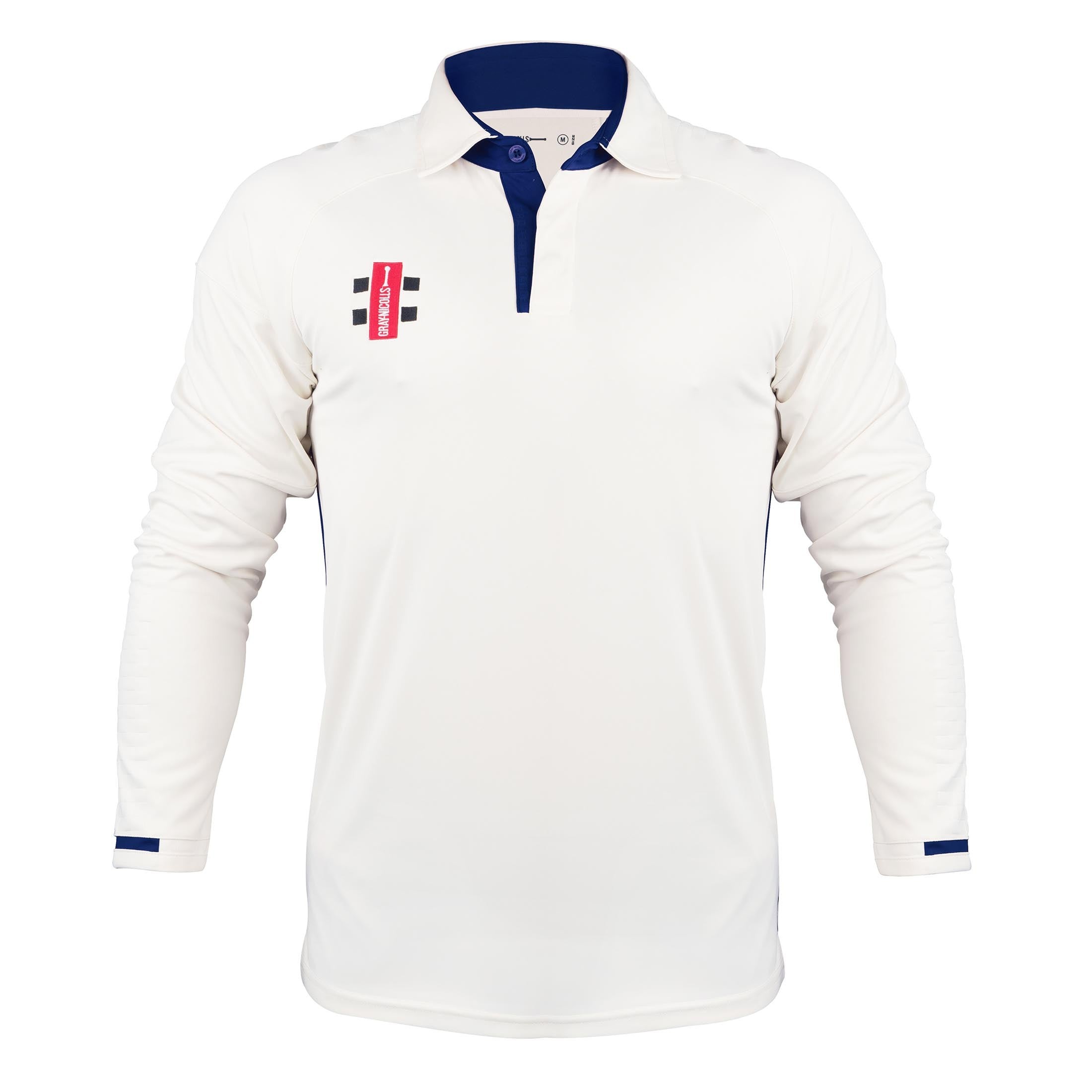 White long sleeve cricket shirt with a navy collar and cuffs, featuring the Gray-Nicolls logo on the chest and a performance fabric for enhanced comfort.