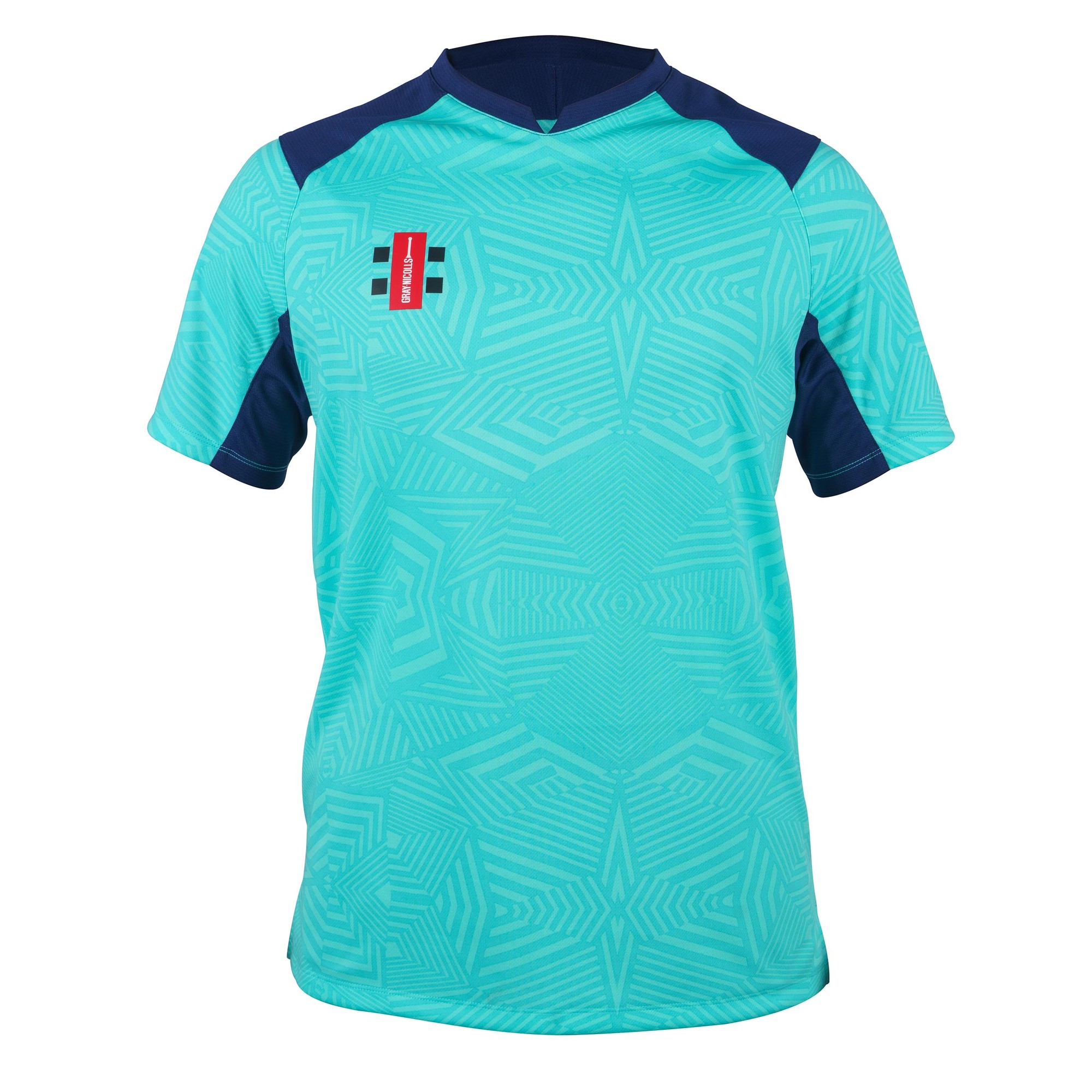 Short sleeve adult shirt in vibrant red with a textured pattern, featuring a crew neck and contrasting navy blue accents on the shoulders, made from lightweight, breathable material.