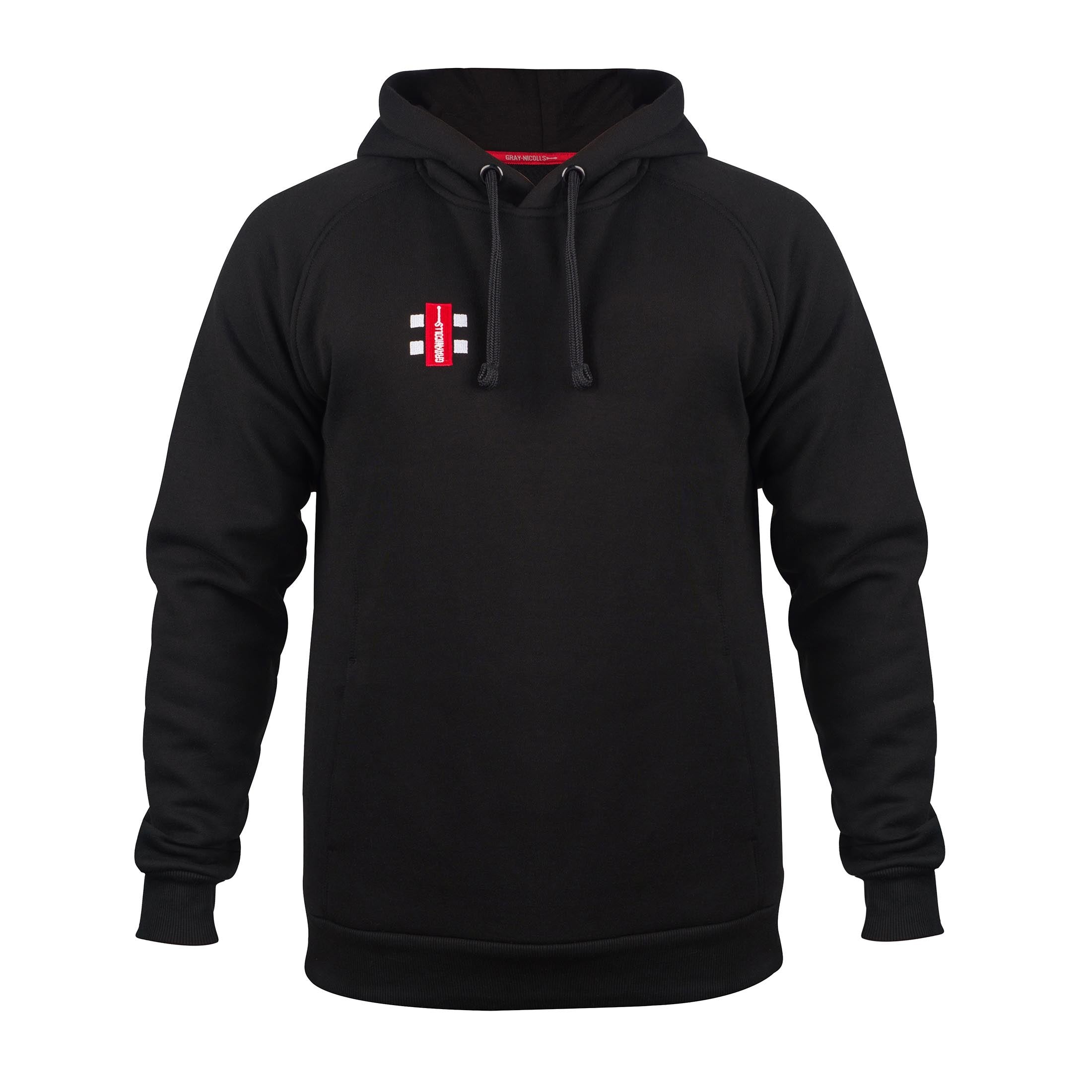 Black Gray-Nicolls Velocity Hoodie for adults, featuring a front pocket, drawstring hood, and a small red and white logo on the chest, made from soft, durable material.