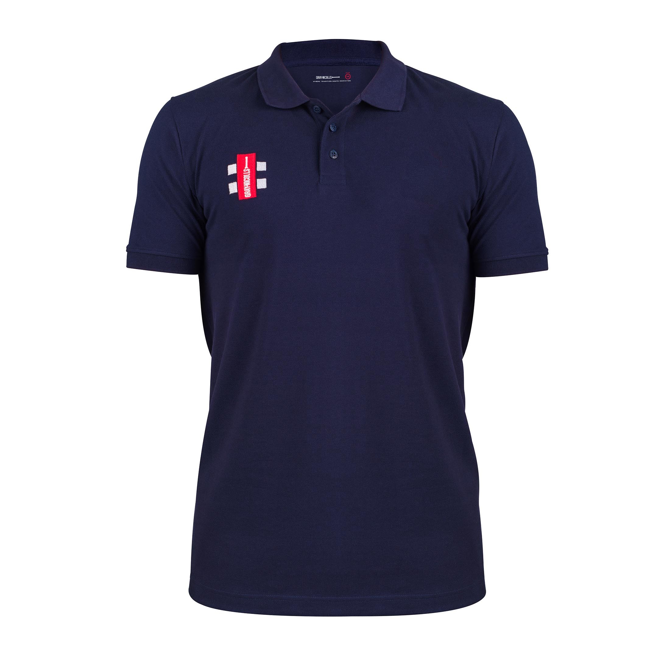 Black short sleeve polo shirt made of breathable material, featuring a classic collar, three-button placket, and a red and white logo on the left chest.