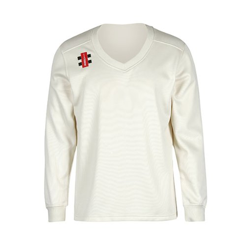 Light cream-colored long-sleeve sweater with a V-neck, featuring a red and black emblem on the left chest, made from a soft, breathable material suitable for sports.