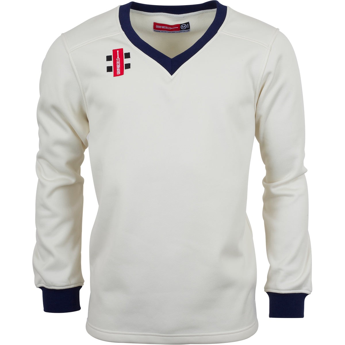 Cream-colored sweater with long sleeves, a V-neck, navy blue collar and cuffs, featuring a Gray-Nicolls logo and red label on the chest.