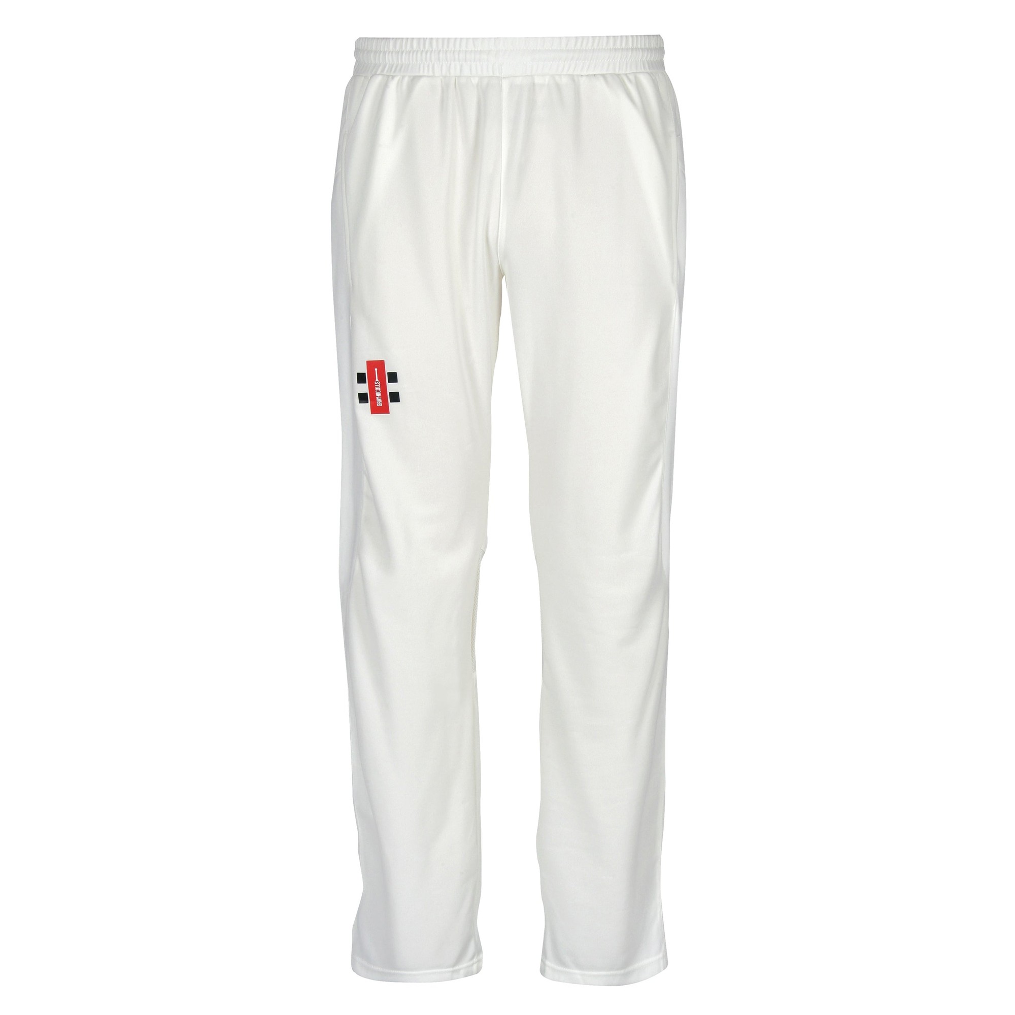 White cricket trousers with an elastic waistband, featuring a red and black logo on the left thigh, made from lightweight, breathable material for comfort and performance.