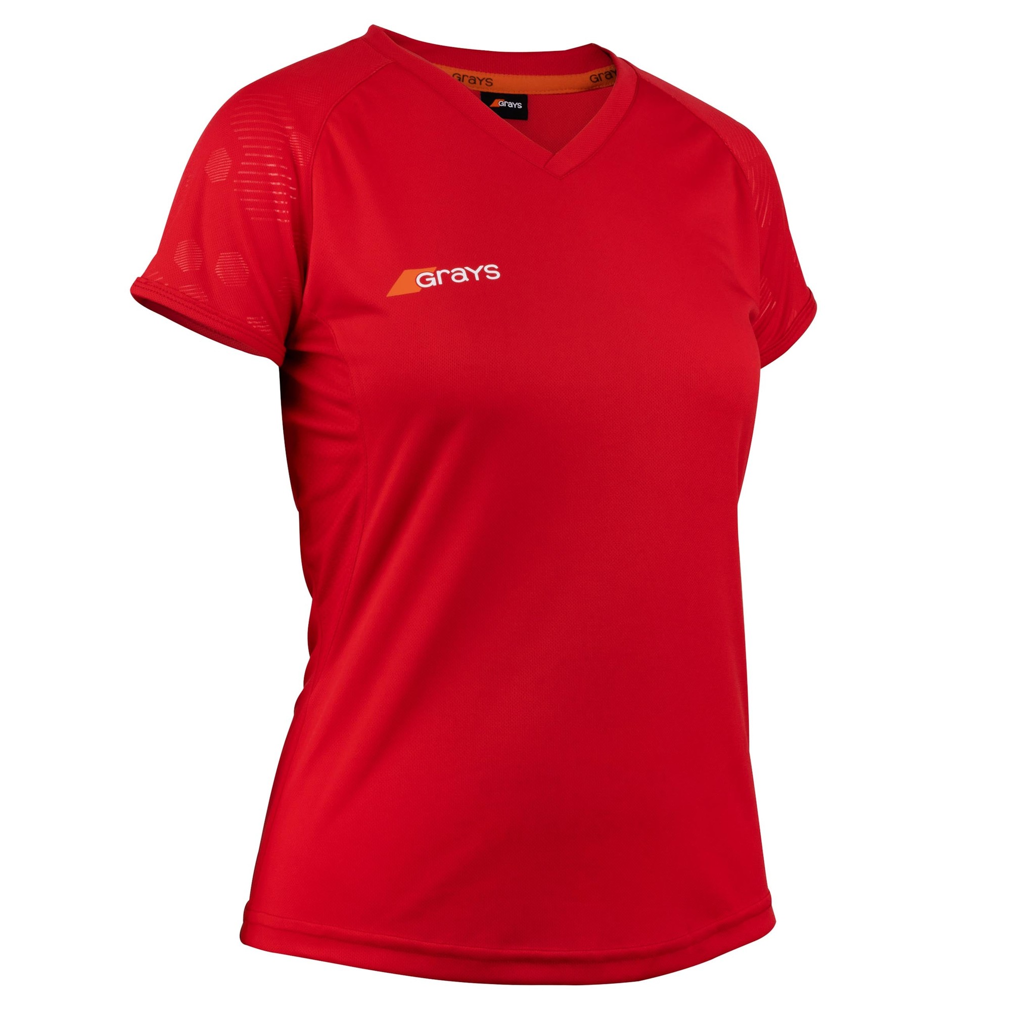 Womens Grays Apex 650 shirt in vibrant red, featuring a V-neck, short sleeves, and breathable mesh panels for enhanced comfort during play.