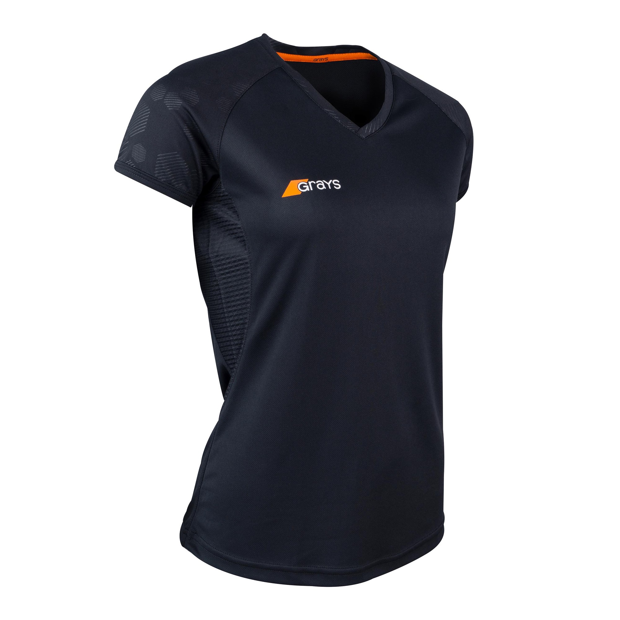 Women's Grays Apex 650 shirt in white, featuring a V-neck design, short sleeves, and breathable material with an orange logo on the front.