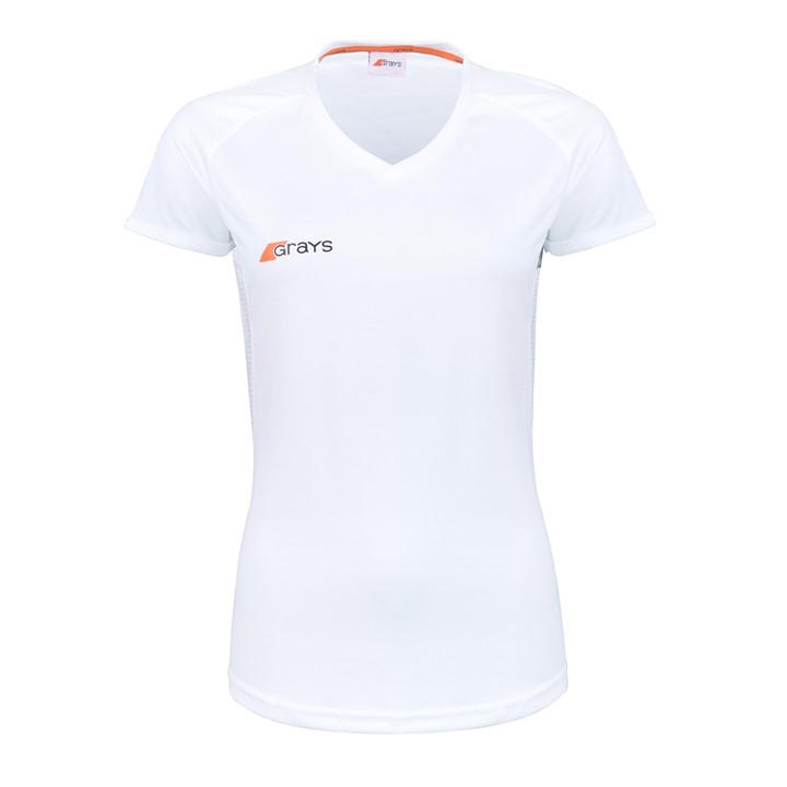 White short-sleeve women's shirt by Grays Hockey, featuring a V-neck design, breathable fabric, and an orange logo on the front.
