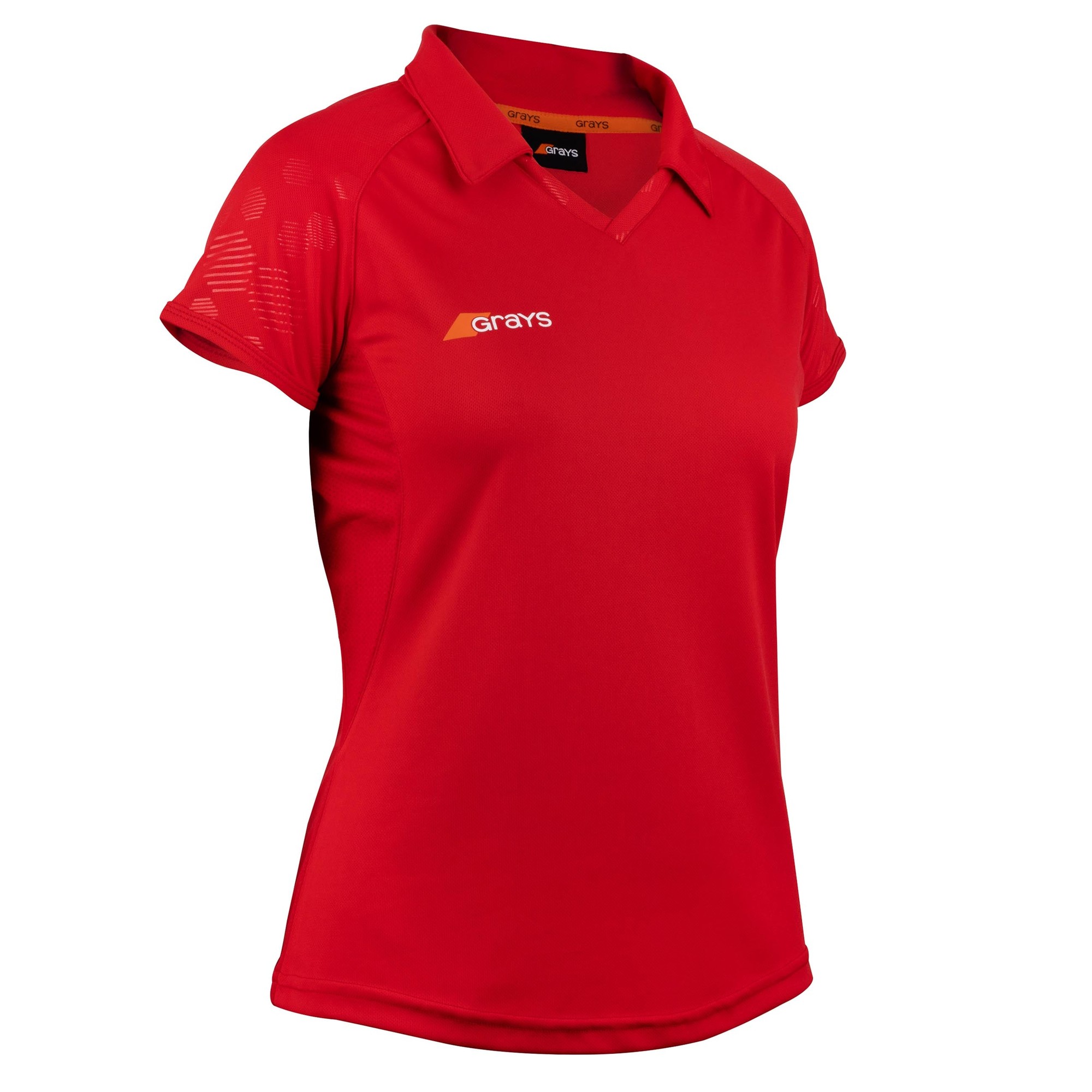 Women's Grays Apex 750 shirt in vibrant red, featuring a classic polo collar, short sleeves, and breathable mesh detailing on the shoulders.