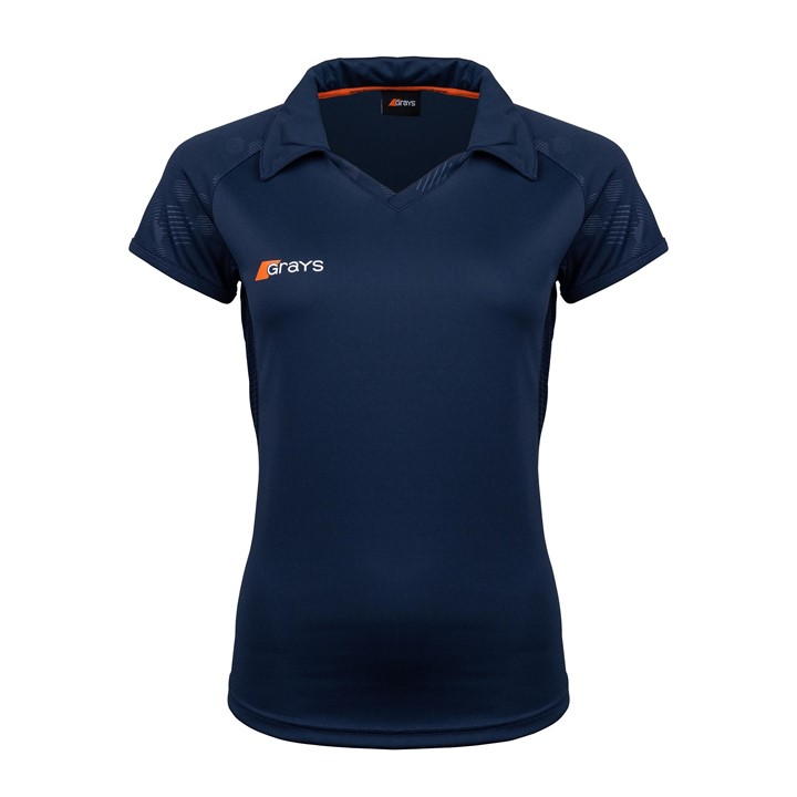 White women's Grays Apex 750 shirt featuring a sporty design, short sleeves, a polo collar, and breathable fabric, ideal for hockey and active wear.