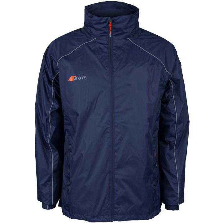 Navy blue Grays Arc Rain Jacket for men, featuring a full zip, high collar, reflective detailing, and a lightweight, water-resistant material.
