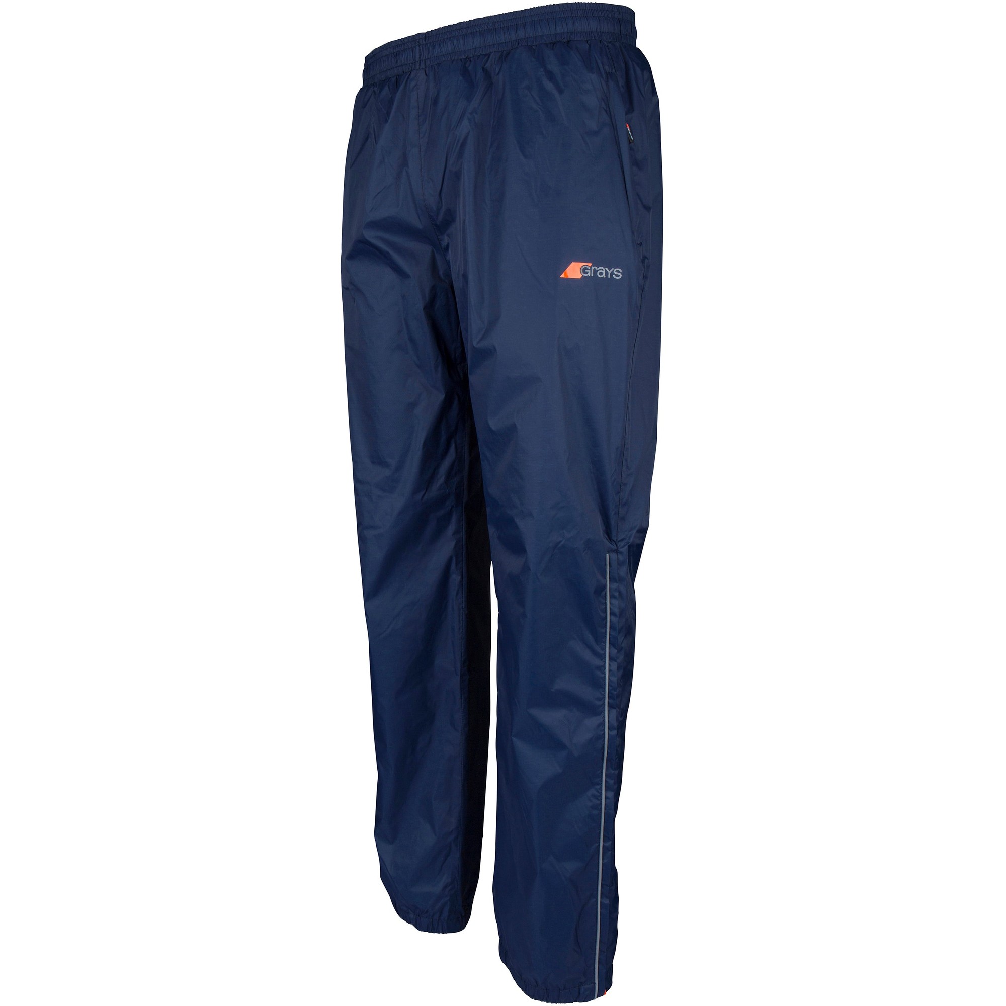 Dark navy rain trousers for men by Grays Hockey, made from lightweight, water-resistant material, featuring an elastic waistband and side zip pockets.