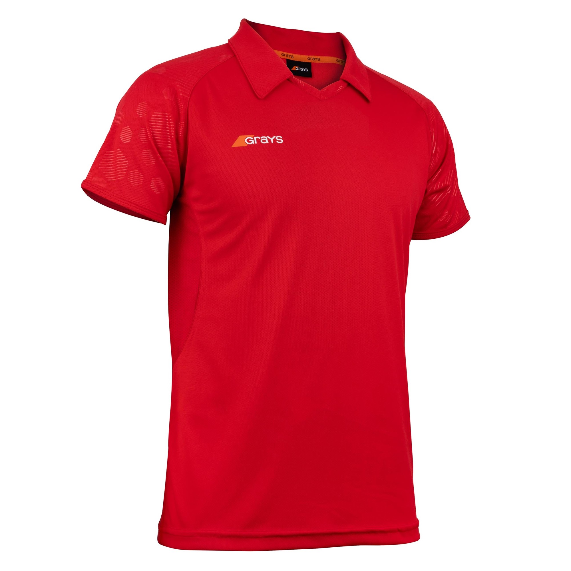 White junior hockey shirt by Grays, featuring a classic collar, short sleeves, and breathable fabric with a textured pattern on the shoulders.