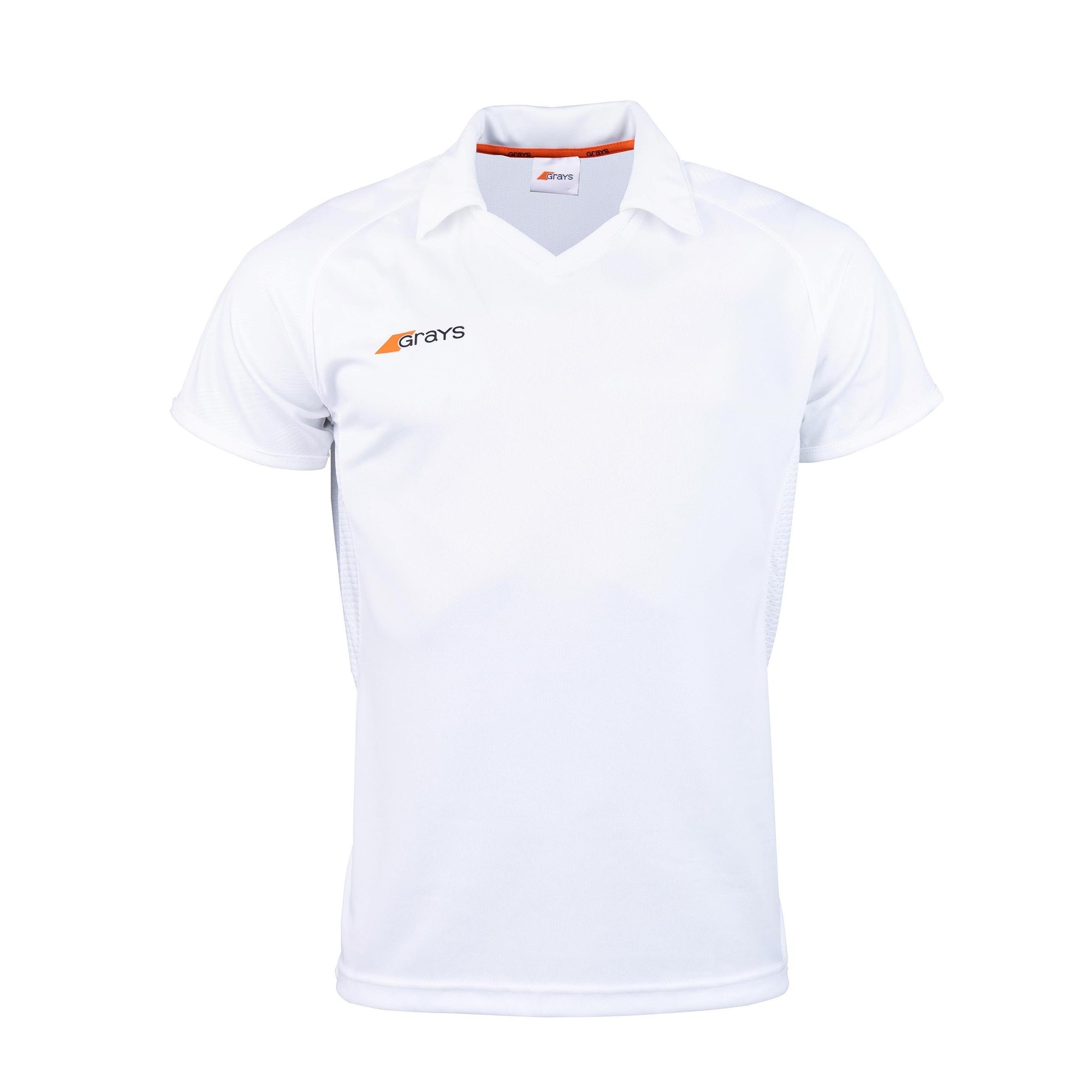 White short-sleeve polo shirt made of lightweight material, featuring an orange accent on the collar and the Grays logo on the left chest.