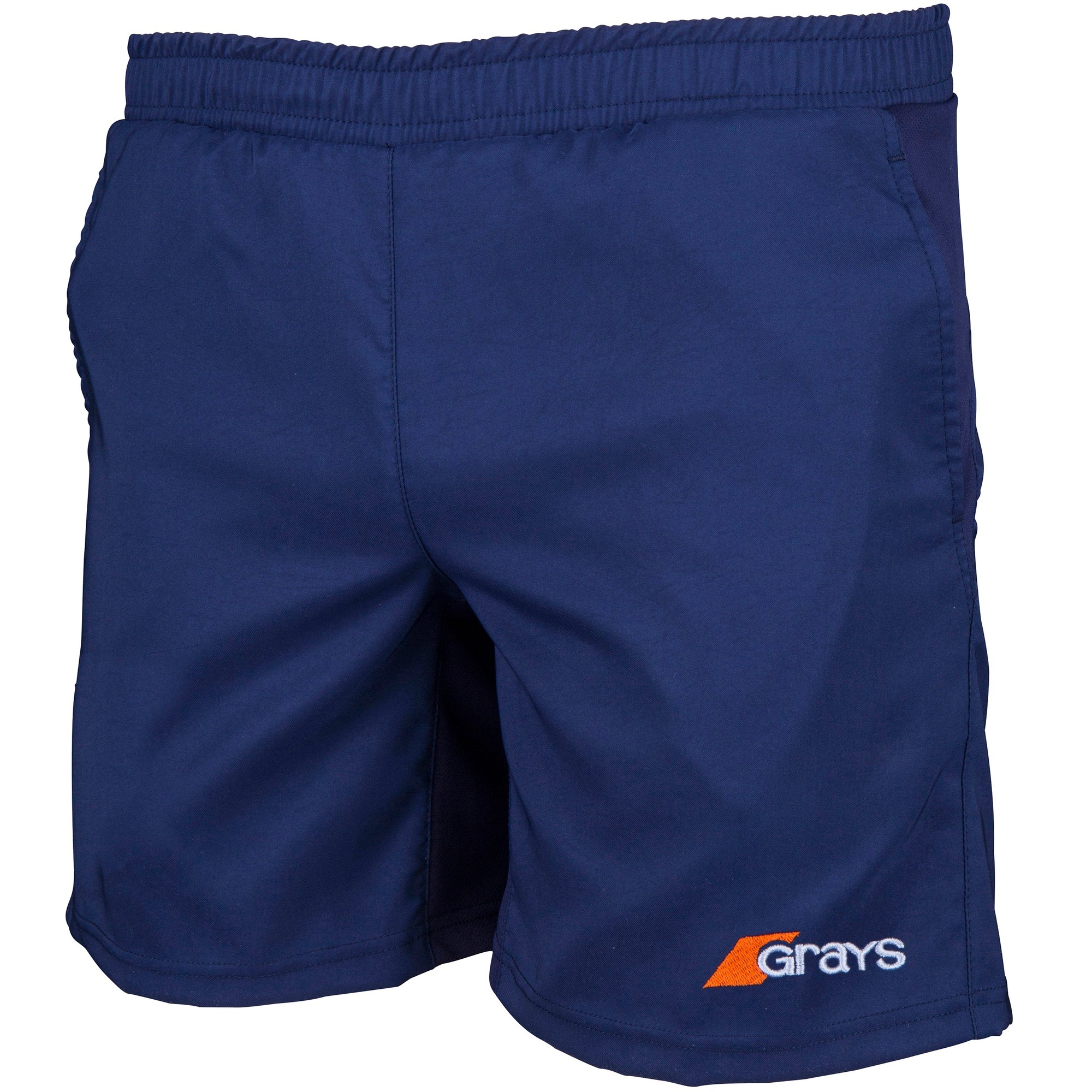 White junior shorts by Grays Hockey, featuring an elastic waistband, lightweight material, and the Grays logo in orange on the front.