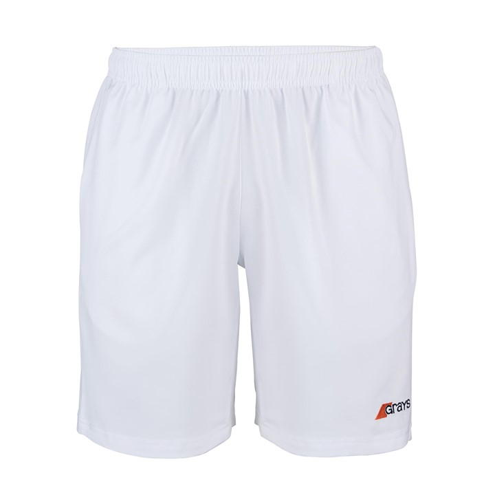 White men's shorts by Grays Hockey, made from lightweight material, featuring an elastic waistband and a small logo on the lower right side.