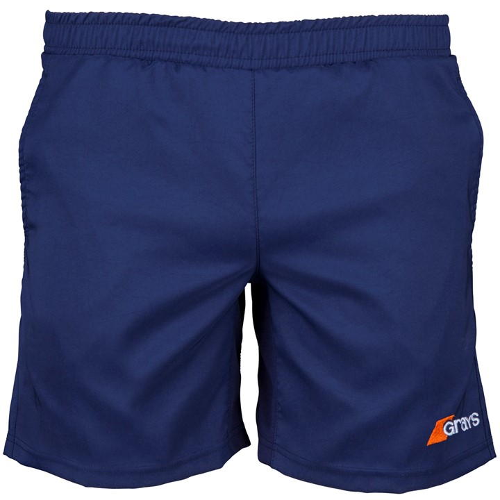 White men's shorts by Grays Hockey, featuring an elastic waistband, lightweight material, and the Grays logo in orange on the lower right side.