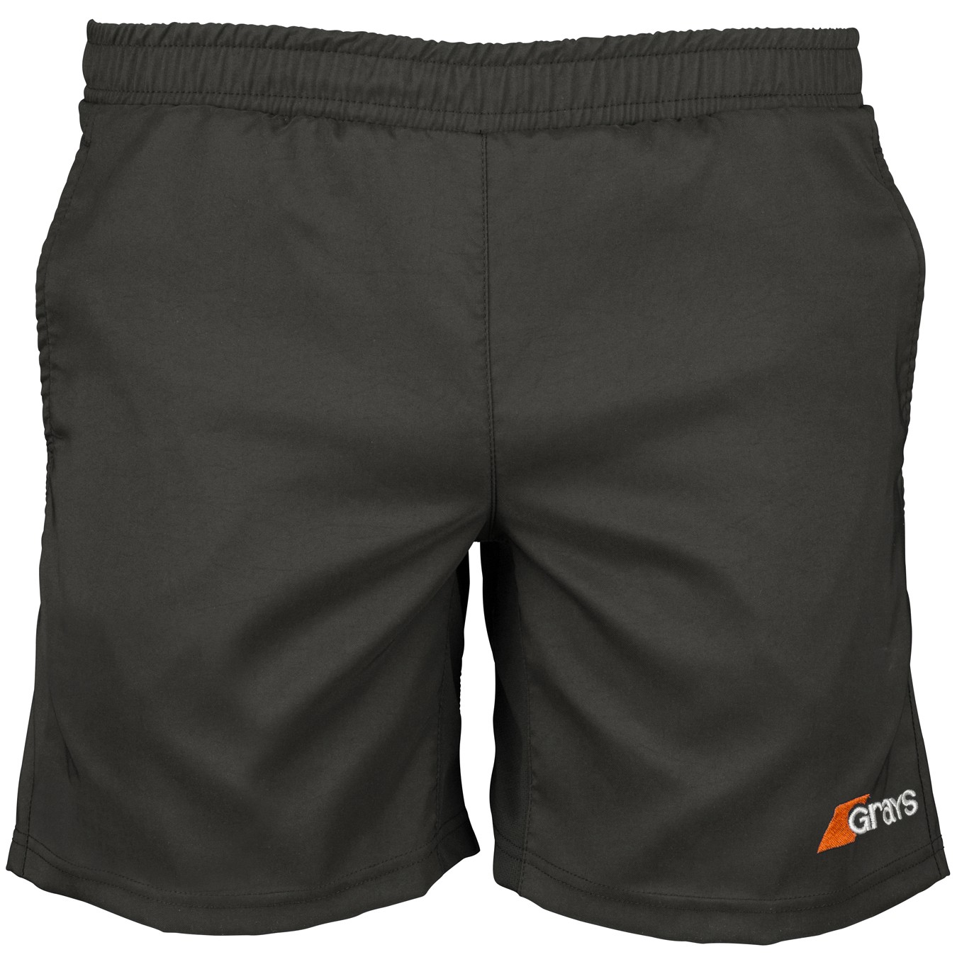 White men's shorts by Grays Hockey, made from lightweight material, featuring an elastic waistband and side pockets, with an orange Grays logo on the lower right.